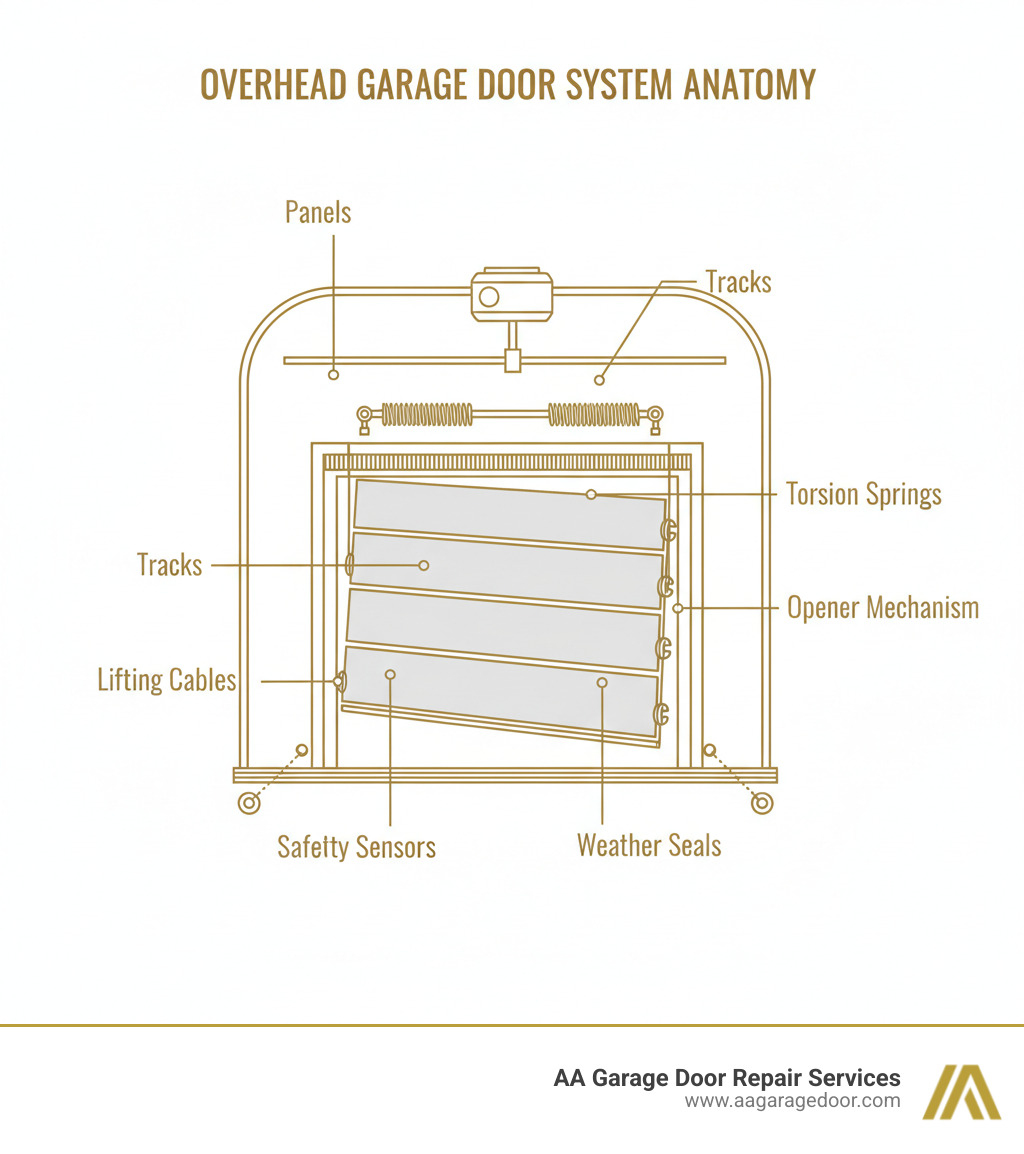 Infographic showing the anatomy of an overhead garage door system including panels, tracks, springs, cables, opener mechanism, safety sensors, and weather seals with labels for each component - overhead door eau claire infographic Infographic showing the anatomy of an overhead garage door system including panels, tracks, springs, cables, opener mechanism, safety sensors, and weather seals with labels for each component - overhead door eau claire infographic