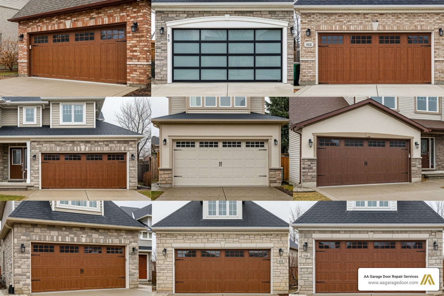 A gallery showcasing various residential garage door styles, from traditional wood-grain to modern full-view glass, on different home facades - overhead door eau claire A gallery showcasing various residential garage door styles, from traditional wood-grain to modern full-view glass, on different home facades - overhead door eau claire