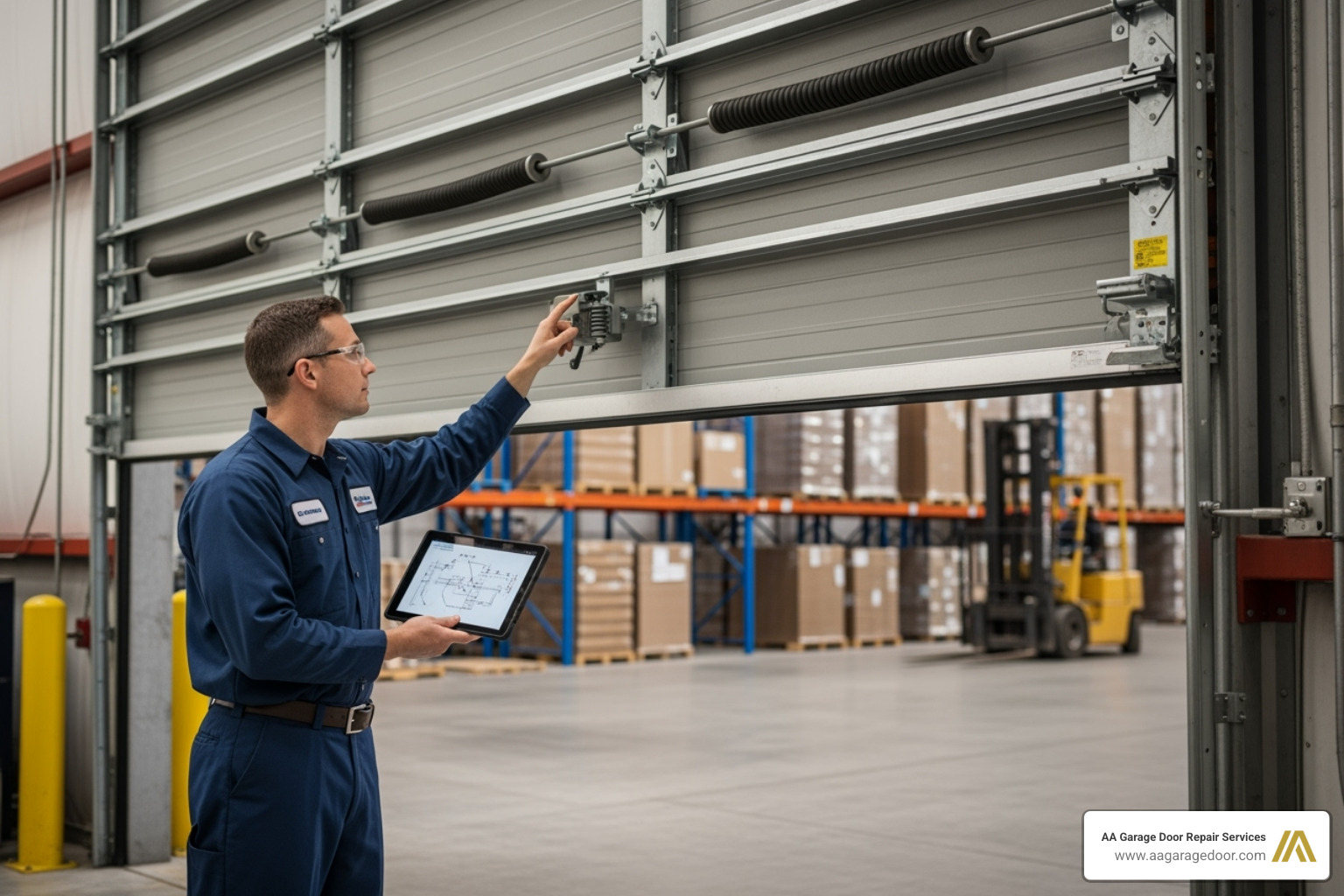 A heavy-duty commercial overhead door on a warehouse, designed for high traffic and robust security, with a professional technician performing an inspection - overhead door eau claire A heavy-duty commercial overhead door on a warehouse, designed for high traffic and robust security, with a professional technician performing an inspection - overhead door eau claire