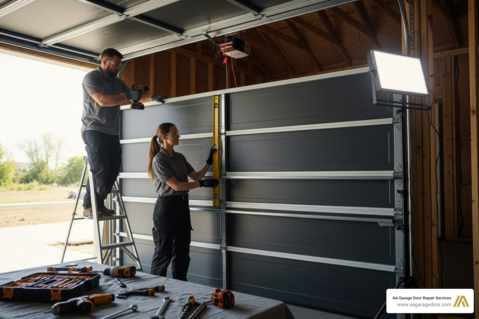 Professional technicians carefully installing a new garage door, ensuring precise alignment and secure fitting - overhead door eau claire Professional technicians carefully installing a new garage door, ensuring precise alignment and secure fitting - overhead door eau claire