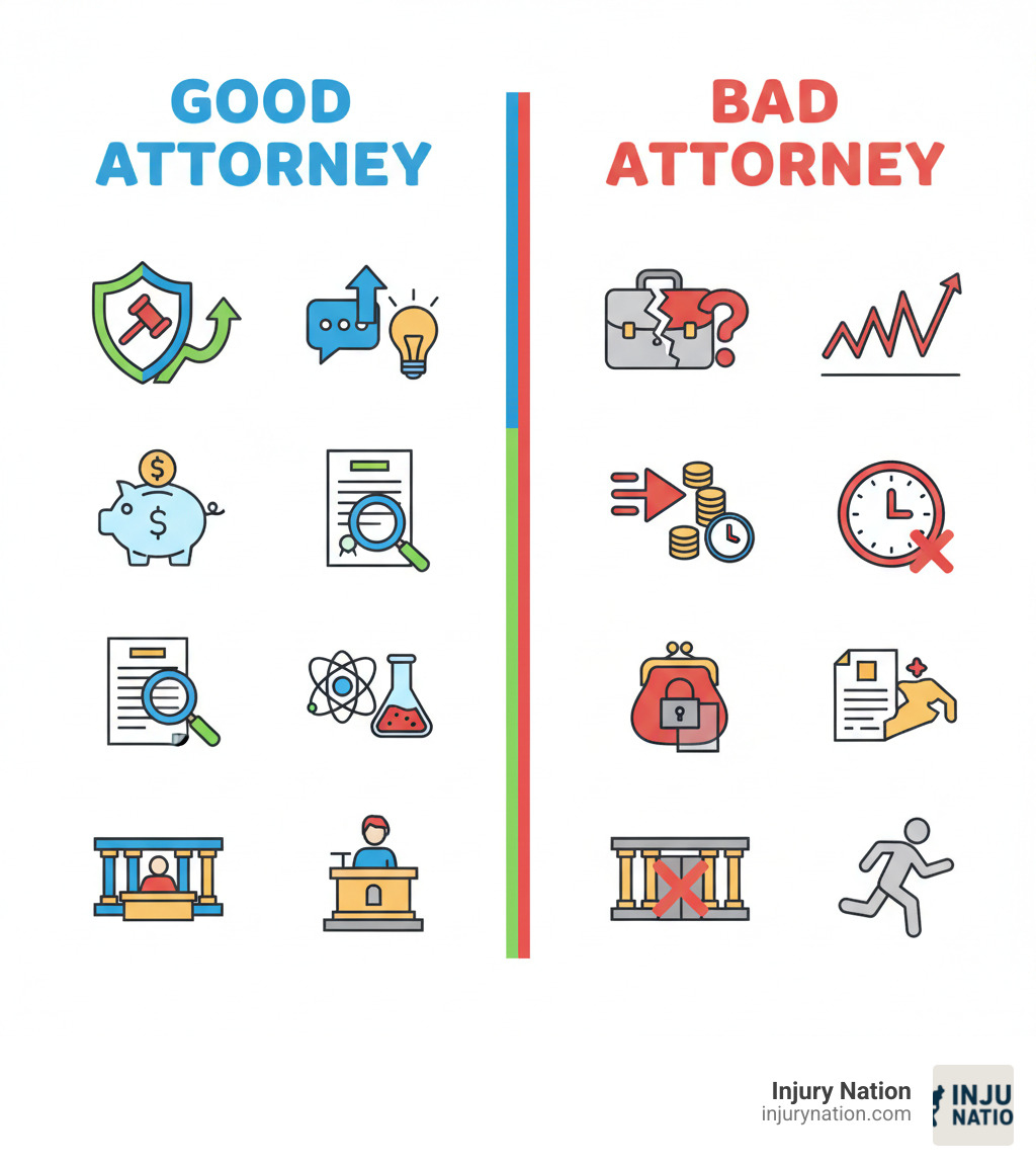 Infographic comparing good vs bad personal injury attorney traits: Good attorneys specialize in injury law with proven track records, communicate proactively, work on transparent contingency fees, thoroughly investigate cases with expert witnesses, and are trial-ready. Bad attorneys are general practitioners with vague promises, push quick settlements, have hidden fees, provide minimal investigation, and avoid courtroom litigation. - personal injury attorney infographic 