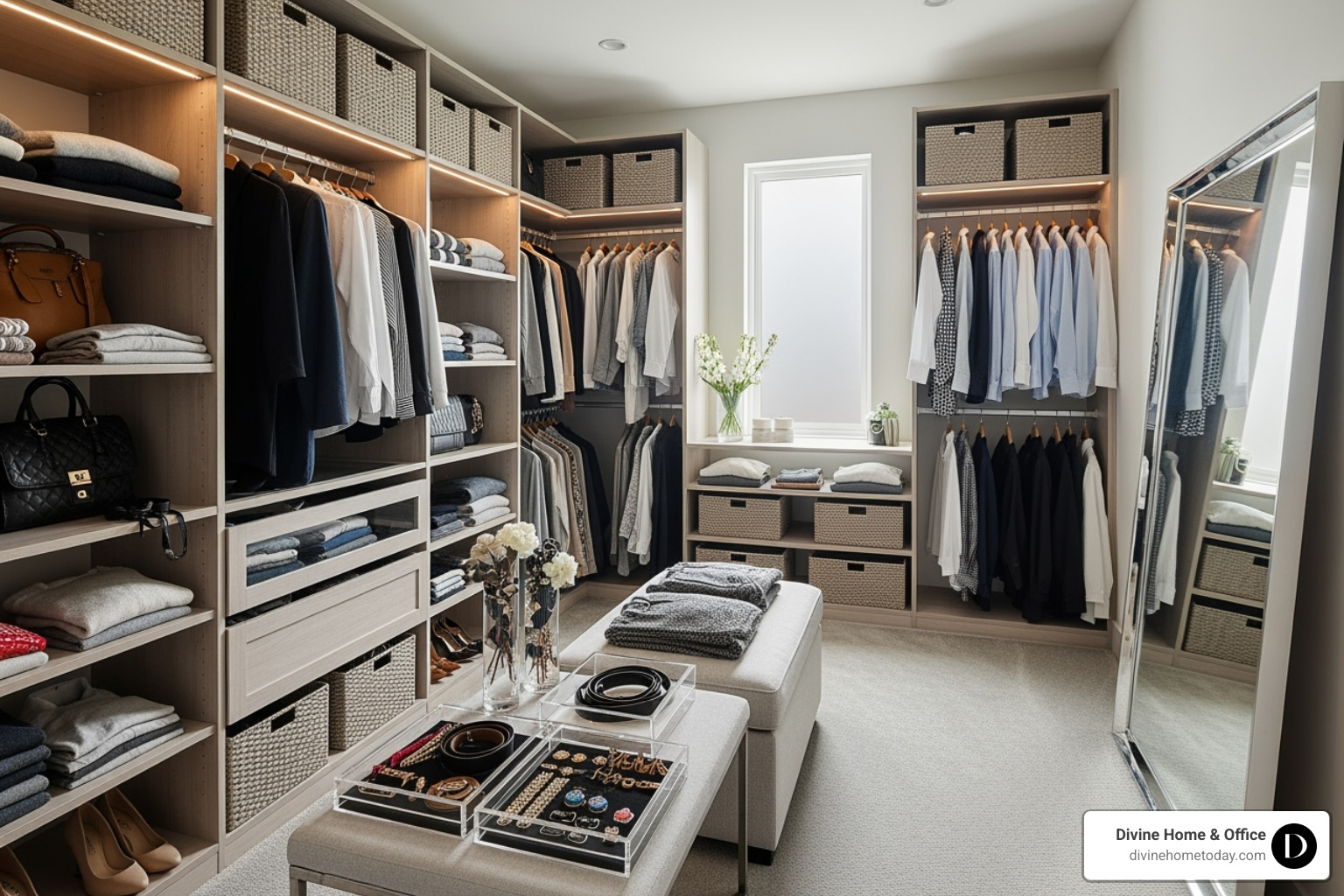 Perfectly organized closet with matching bins and ample shelving - new room makeover Perfectly organized closet with matching bins and ample shelving - new room makeover