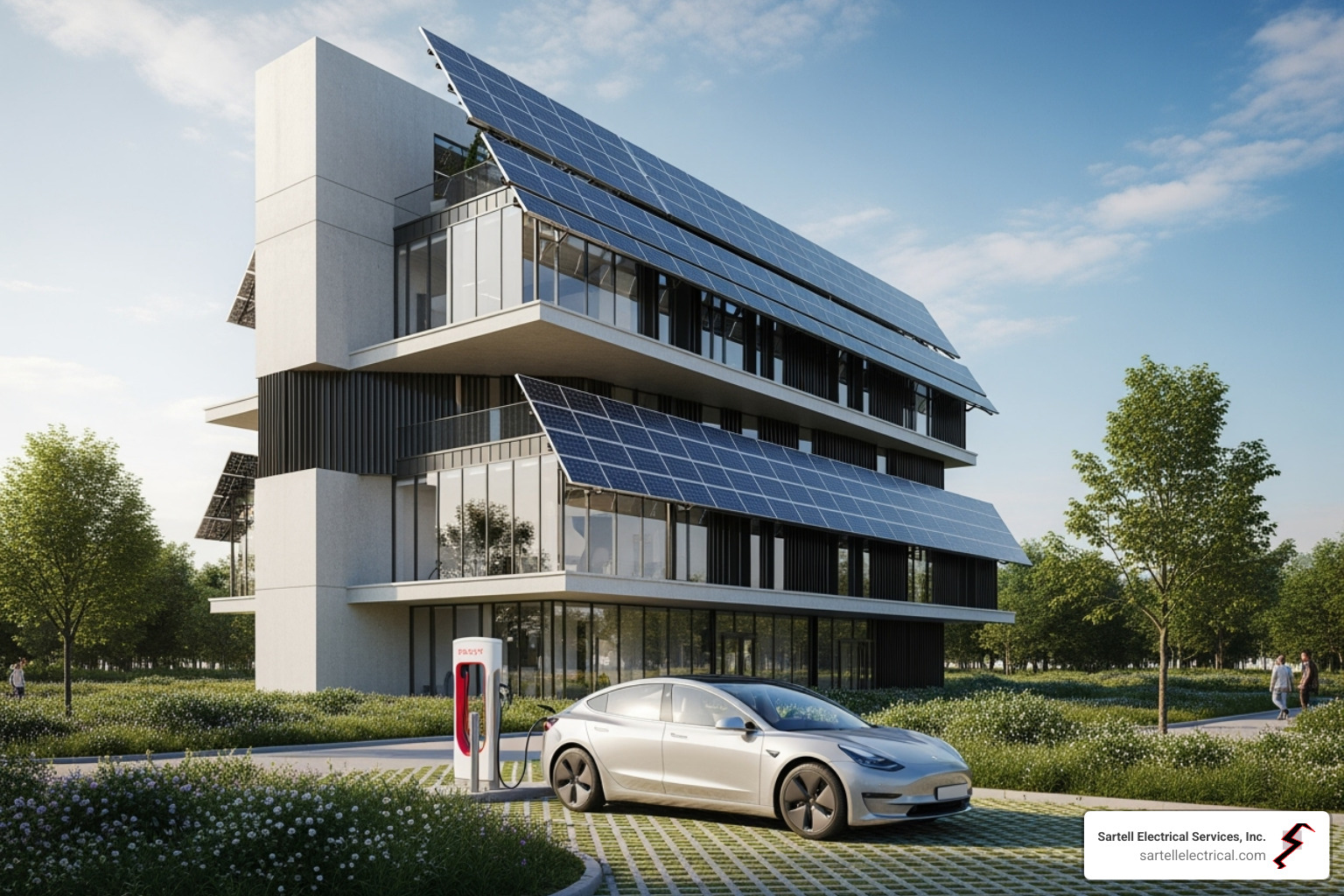 building with integrated solar panels and an EV charging station - Electrical system design