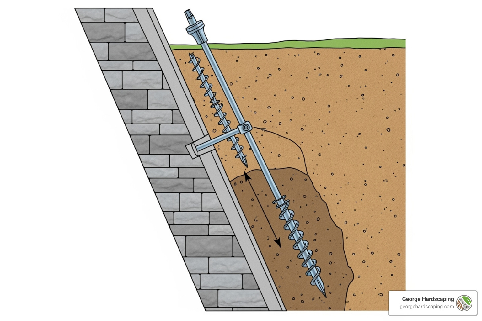 A diagram showing how helical tiebacks are drilled through a leaning retaining wall and into stable soil to provide support. - Retaining wall repair