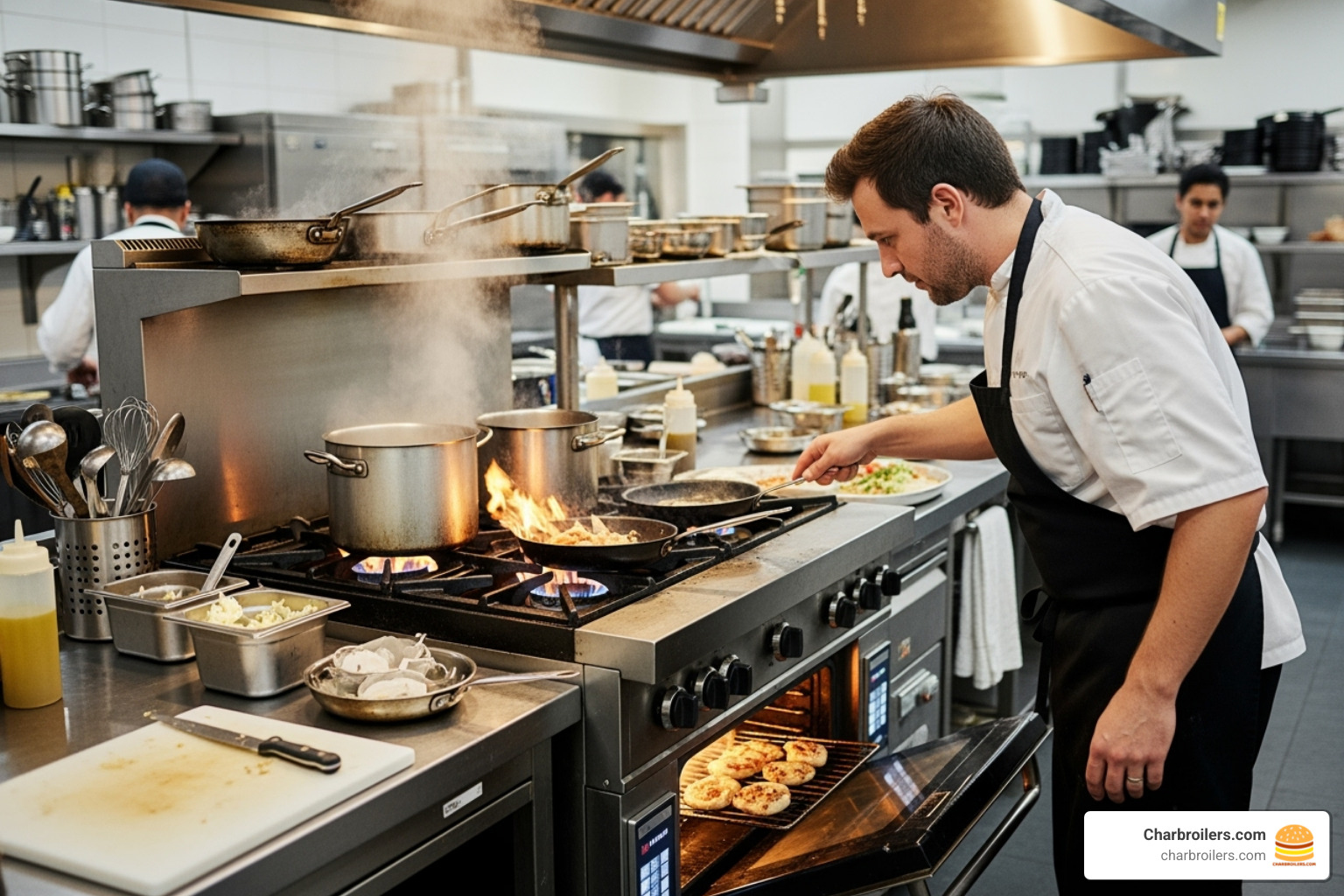 chef using all six burners and the oven simultaneously - commercial 6 burner gas range with convection oven chef using all six burners and the oven simultaneously - commercial 6 burner gas range with convection oven