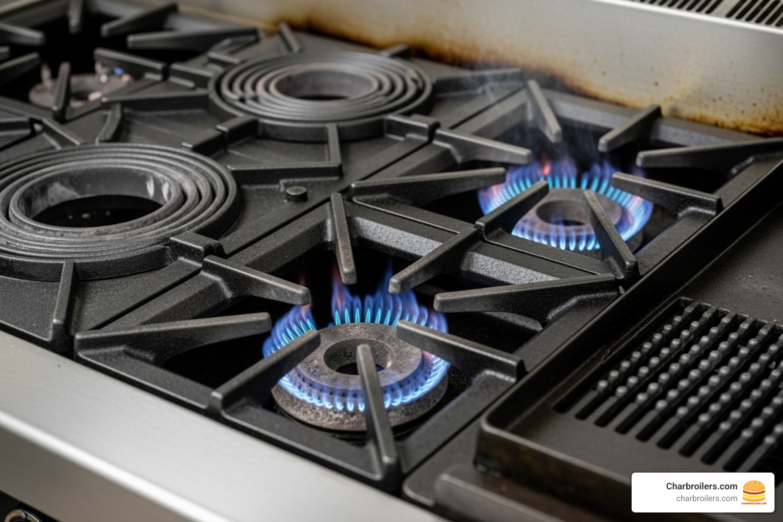 close-up of heavy-duty cast iron grates and different burner types - commercial 6 burner gas range with convection oven close-up of heavy-duty cast iron grates and different burner types - commercial 6 burner gas range with convection oven