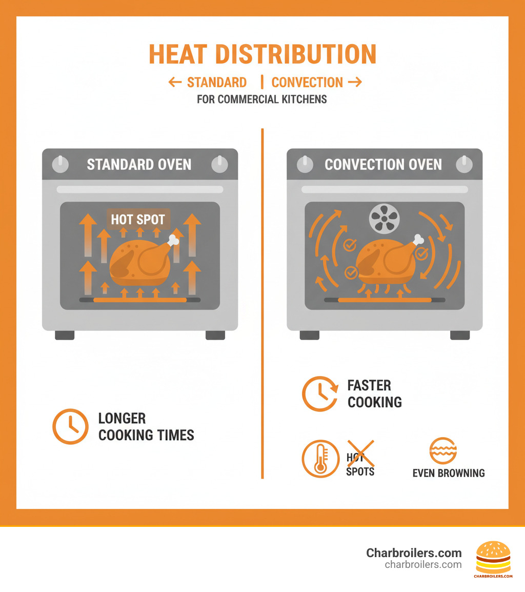 Infographic comparing standard oven versus convection oven heat distribution, showing static heat rising in a standard oven versus circulating fan-driven heat in a convection oven, with visual indicators of faster cooking times, reduced hot spots, and even browning throughout the oven cavity - commercial 6 burner gas range with convection oven infographic  Infographic comparing standard oven versus convection oven heat distribution, showing static heat rising in a standard oven versus circulating fan-driven heat in a convection oven, with visual indicators of faster cooking times, reduced hot spots, and even browning throughout the oven cavity - commercial 6 burner gas range with convection oven infographic