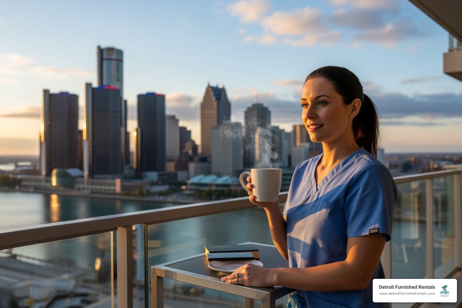 nurse enjoying a cup of coffee on a balcony overlooking Detroit - extended-stay apartments for nurses near downtown detroit