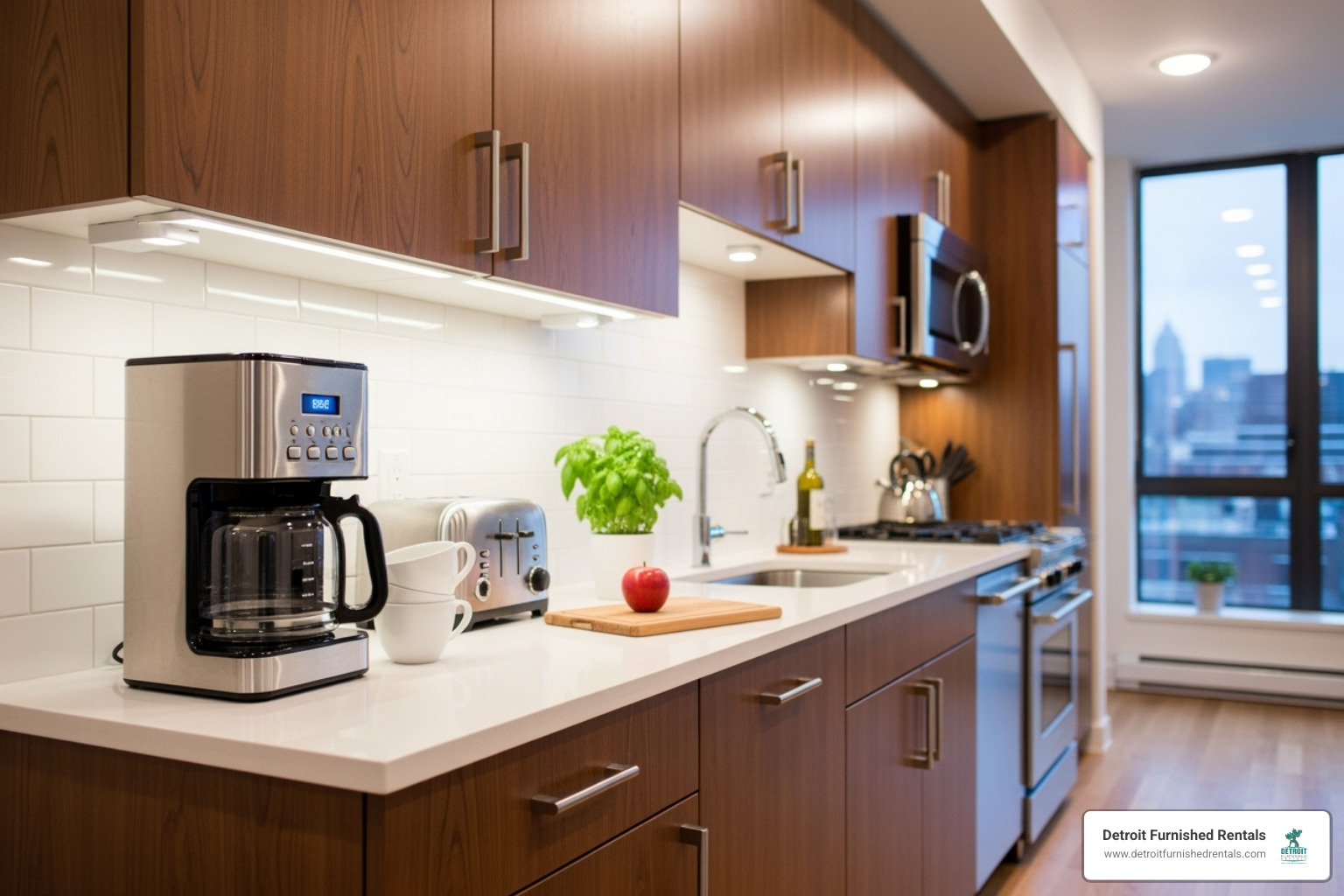 modern kitchen in a furnished apartment, stocked with coffee and essentials - extended-stay apartments for nurses near downtown detroit