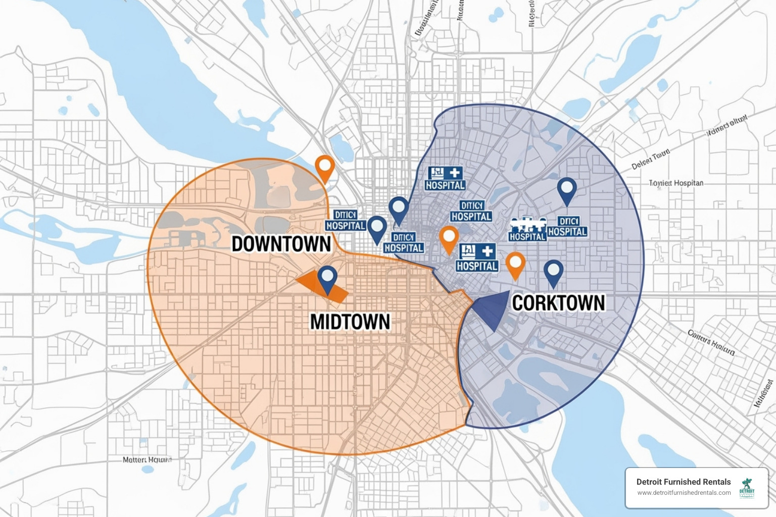 map highlighting key Detroit neighborhoods like Downtown, Midtown, and Corktown in relation to major hospitals - extended-stay apartments for nurses near downtown detroit