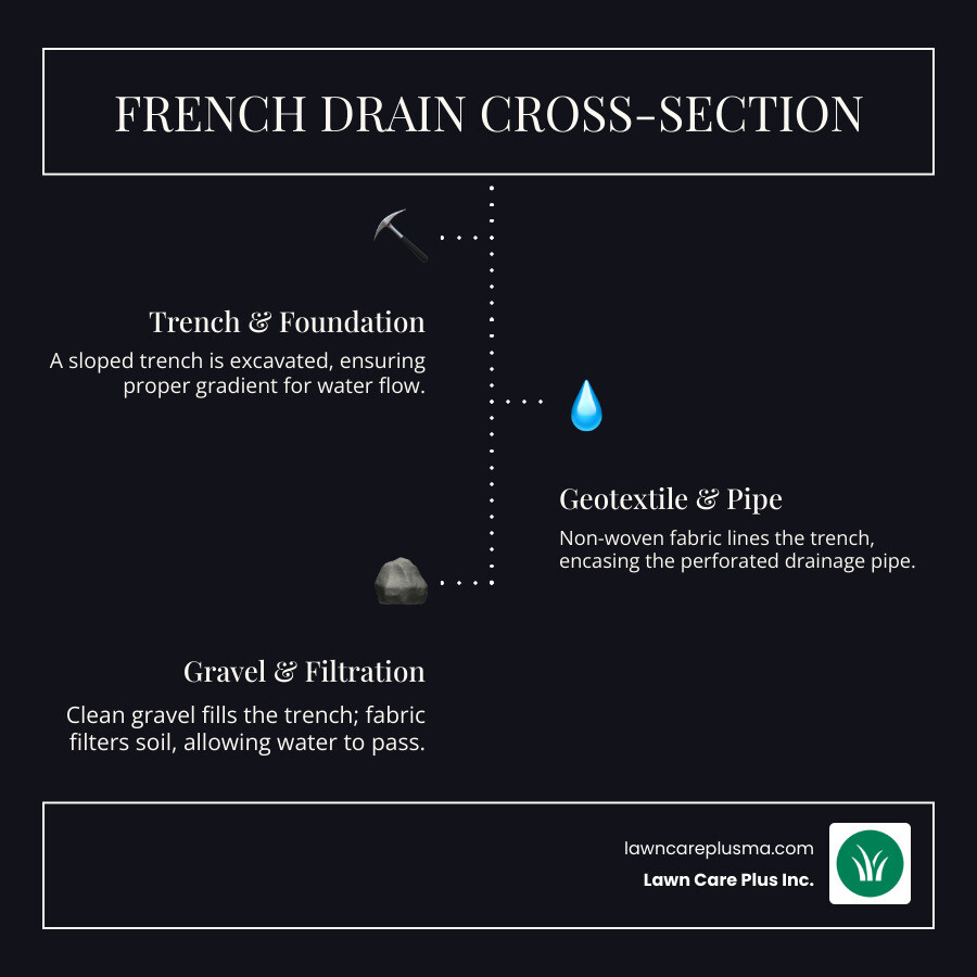 Infographic showing a cross-section of a French drain system with labeled components: trench excavation, non-woven geotextile fabric lining the entire trench, clean gravel aggregate layer, perforated drainage pipe in the center, and arrows indicating water flow through the system while soil particles are filtered out by the fabric - geotextile for french drain infographic infographic-line-3-steps-dark