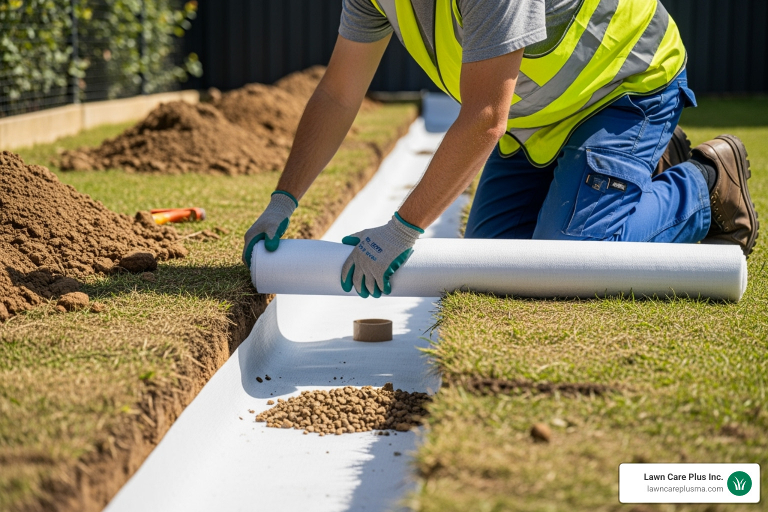 contractor correctly laying geotextile fabric into a French drain trench - geotextile for french drain