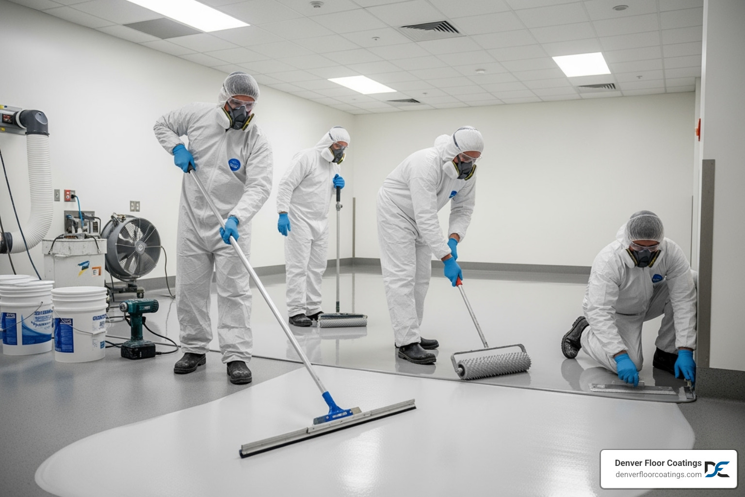 professional crew applying epoxy flooring in a large room - epoxy flooring for hospitals