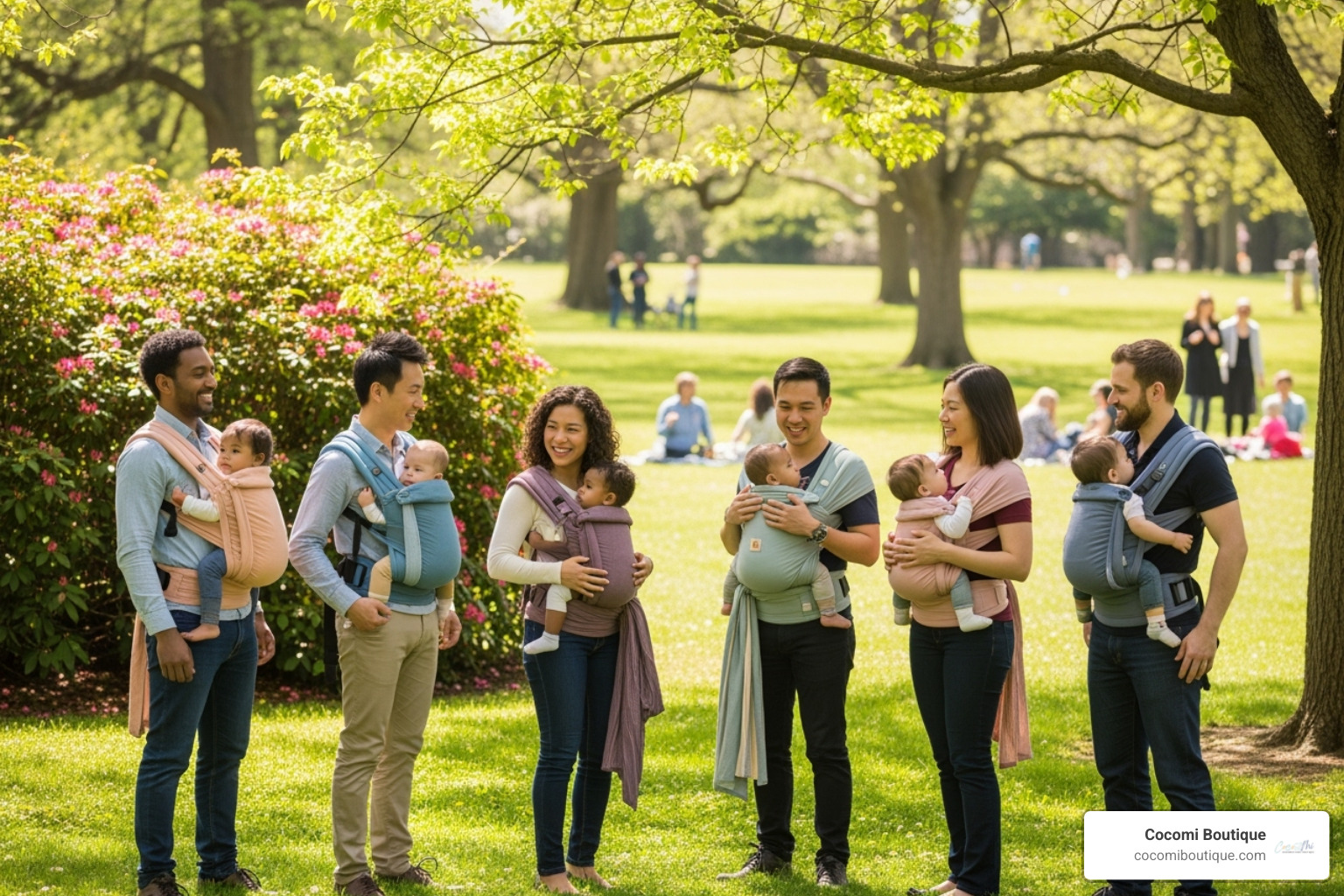 diverse group of happy parents babywearing - organic baby wrap
