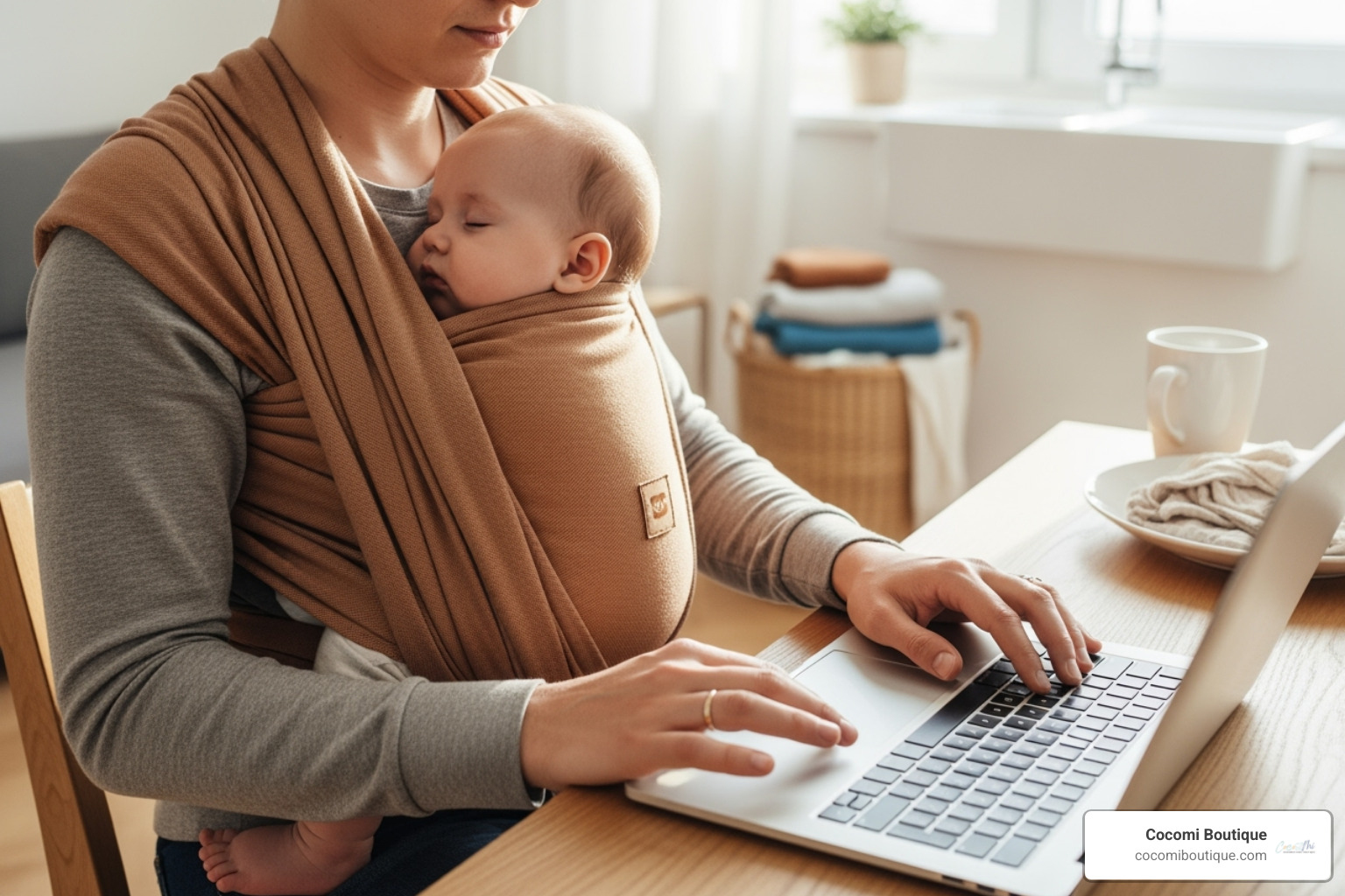 parent multitasking with baby in wrap - organic baby wrap