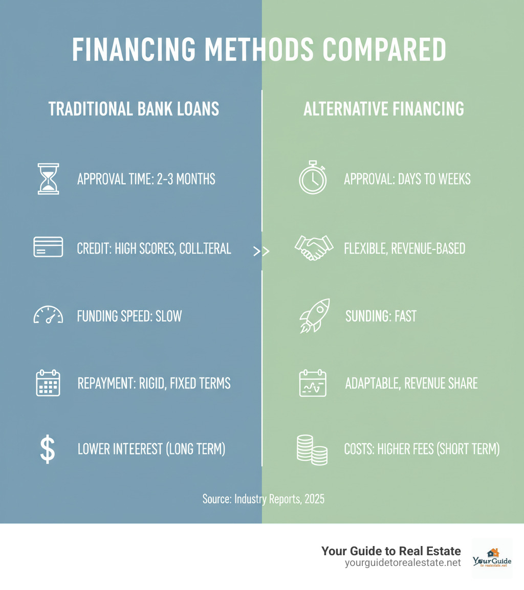 infographic comparing traditional bank loans versus alternative financing methods showing approval time, credit requirements, funding speed, repayment flexibility, and typical costs - Alternative financing methods infographic 