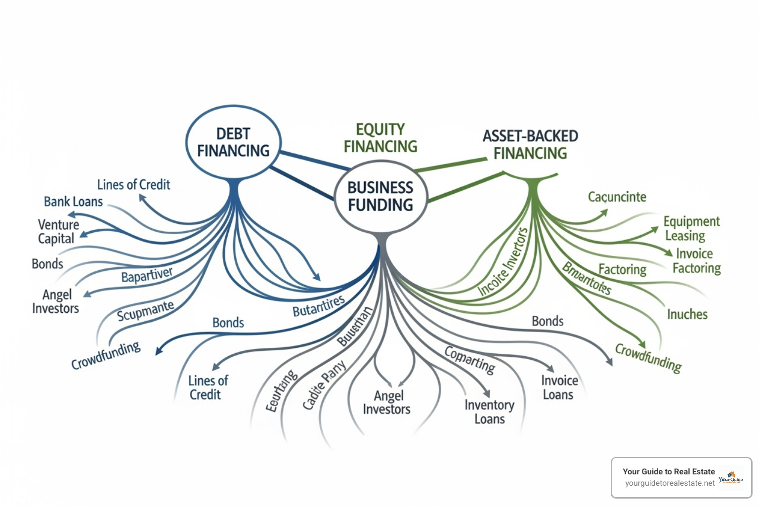 flowchart showing different paths to business funding, including debt, equity, and asset-backed options - Alternative financing methods
