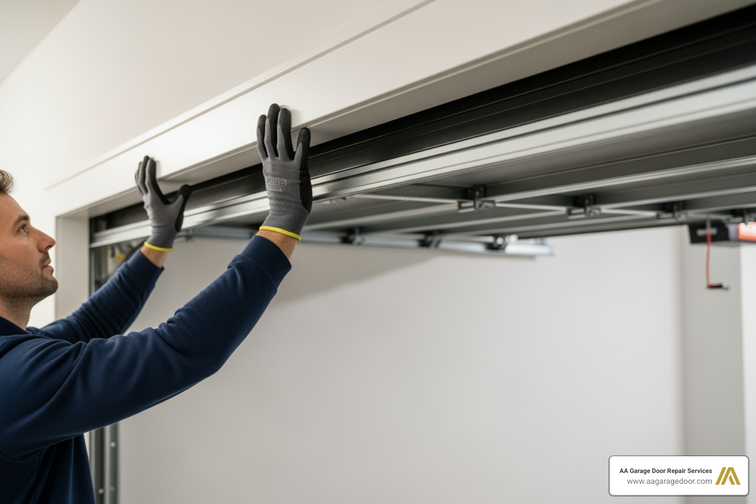 A person testing the balance of a garage door by lifting it halfway - Steel garage door installation A person testing the balance of a garage door by lifting it halfway - Steel garage door installation