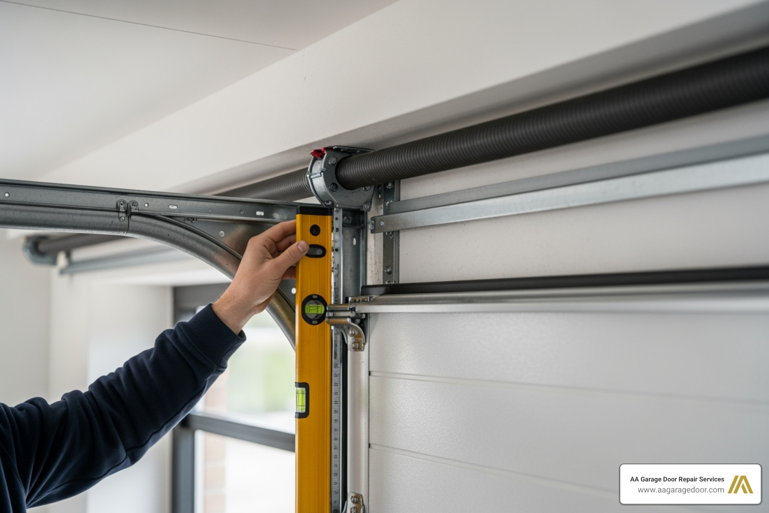 Vertical and horizontal tracks being installed and aligned with a level - Steel garage door installation Vertical and horizontal tracks being installed and aligned with a level - Steel garage door installation