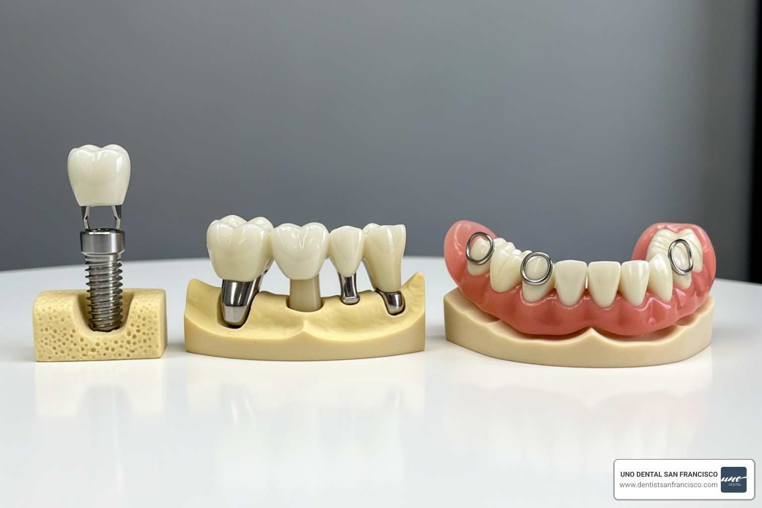 dental implant, a bridge, and a partial denture side-by-side - dental implants san francisco dental implant, a bridge, and a partial denture side-by-side - dental implants san francisco
