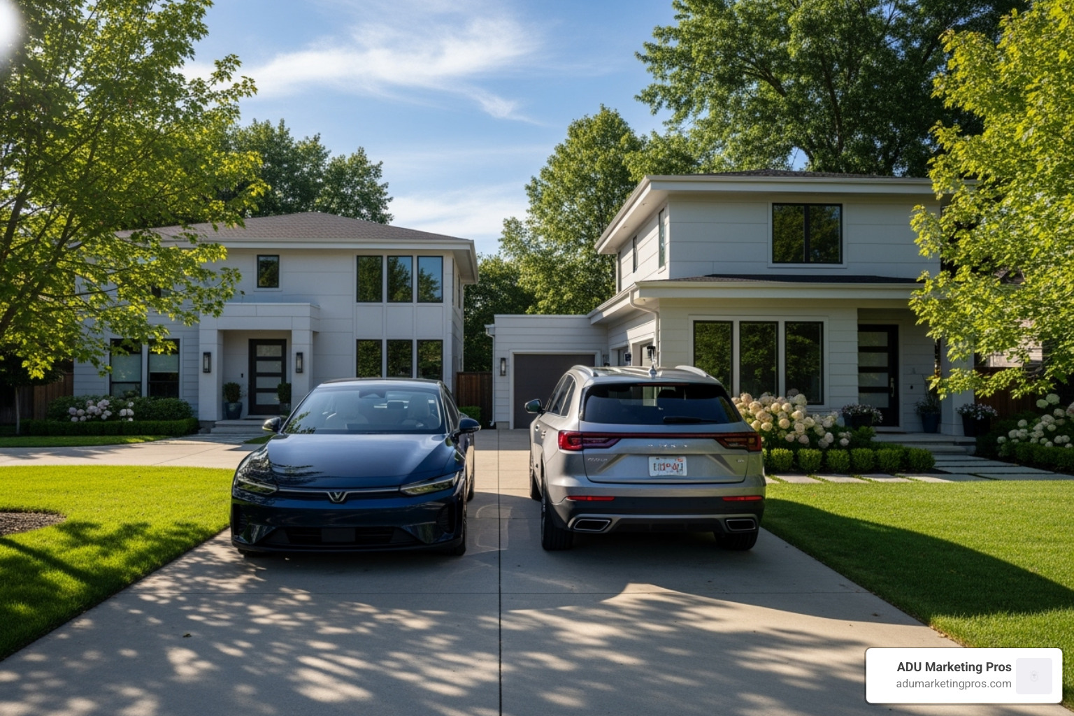 two cars parked in tandem in a driveway leading to a home with an ADU - california adu parking requirements
