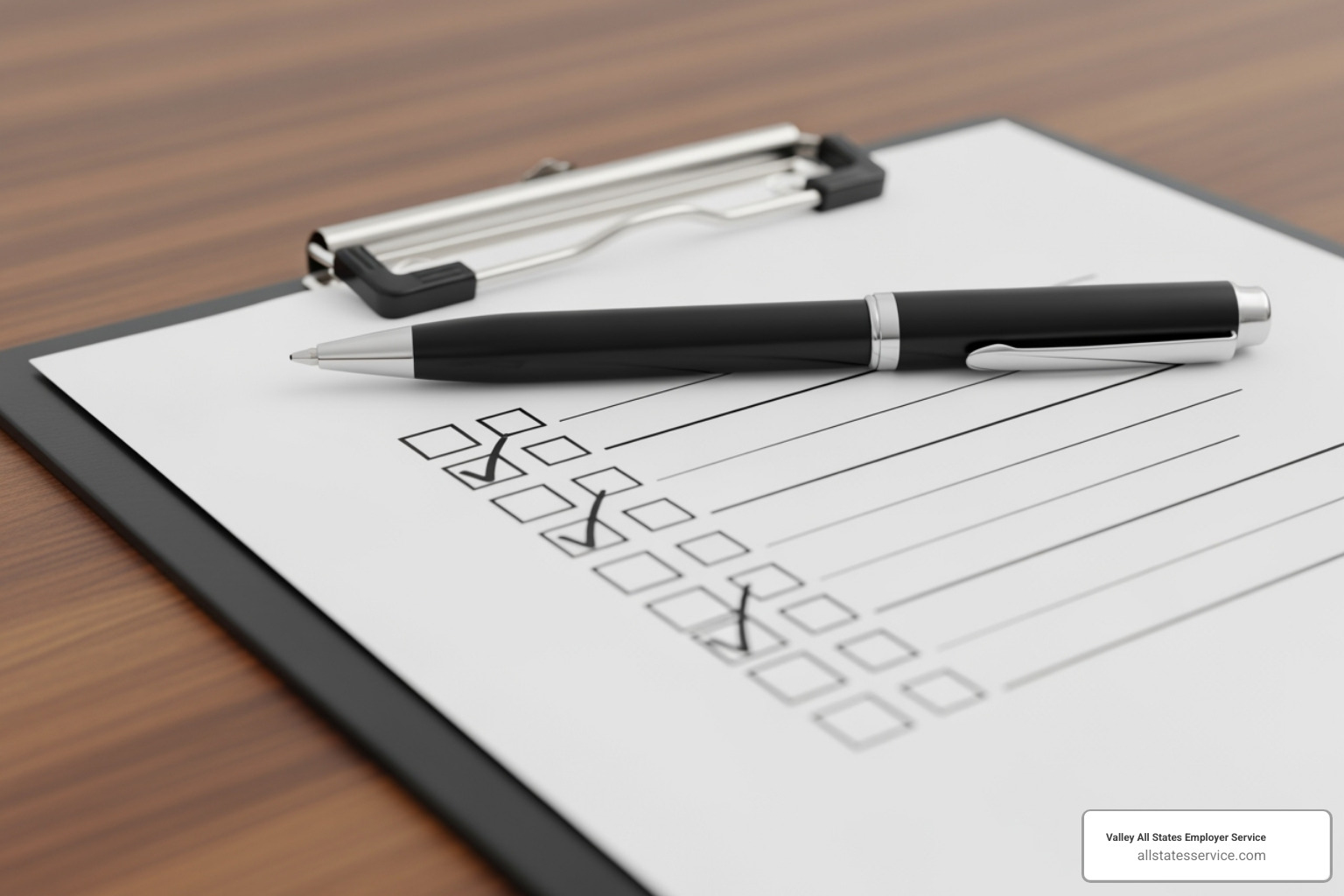A clipboard with a checklist and a pen - Employer compliance checklist
