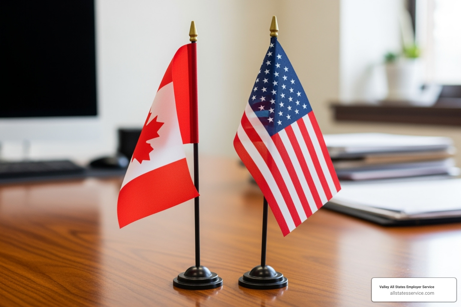 A Canadian flag next to an American flag on a desk - Employer compliance checklist