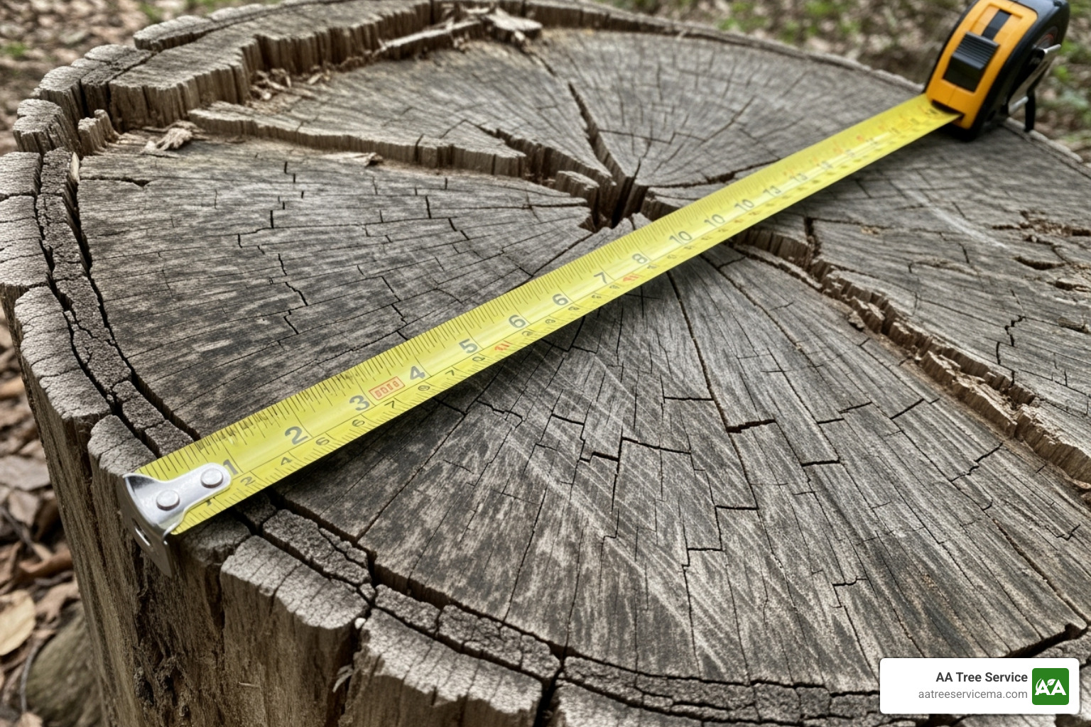 a measuring tape across a large tree stump. - tree stump removal Hampstead