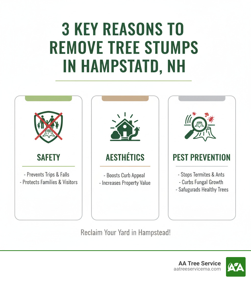 Infographic showing three key reasons to remove tree stumps in Hampstead NH: Safety - prevents trips and falls for families and visitors; Aesthetics - improves curb appeal and property value; Pest Prevention - stops termites, ants, and fungal growth from spreading to healthy trees and structures - tree stump removal Hampstead infographic 
