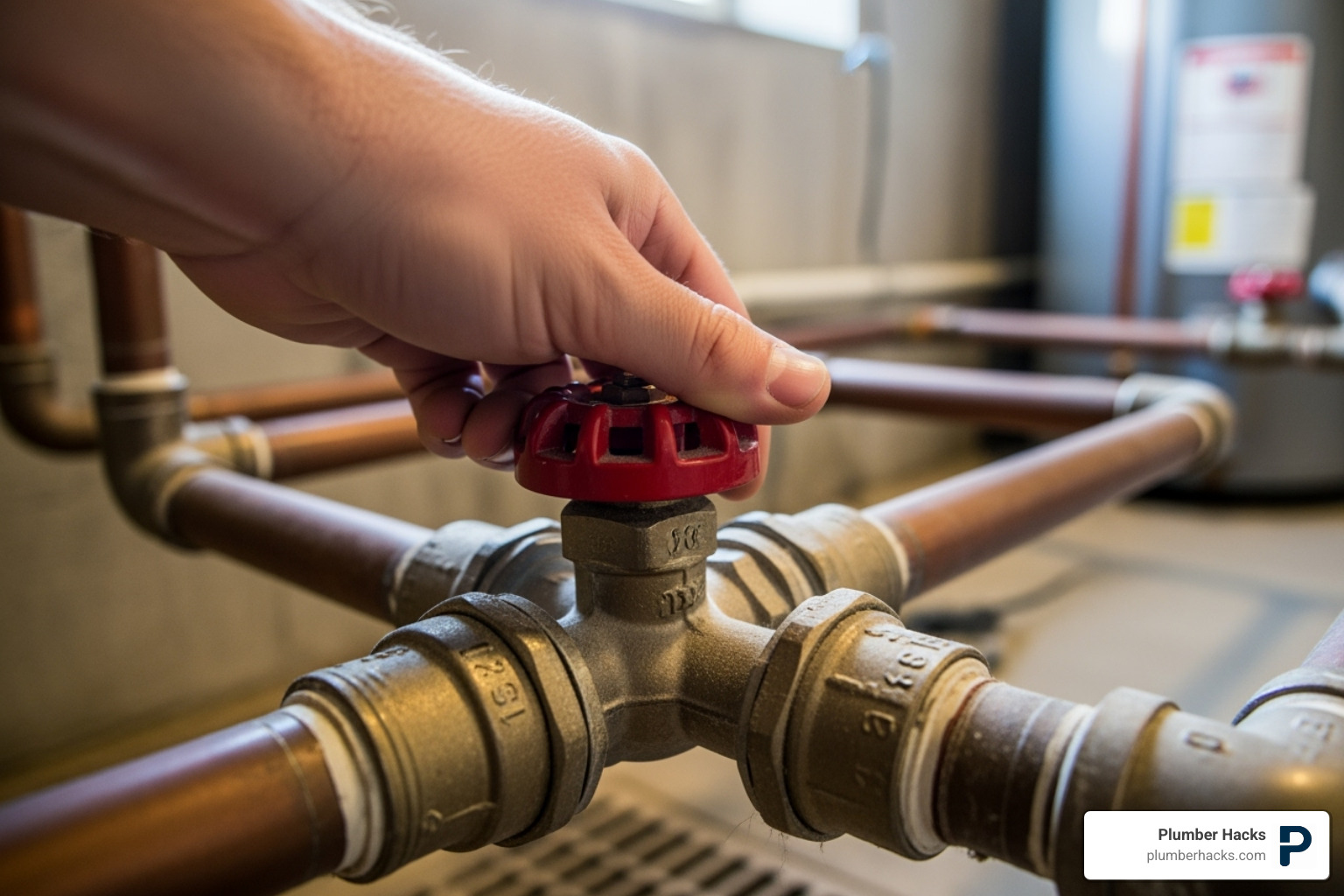 of a hand turning a main water shut-off valve - find local plumber