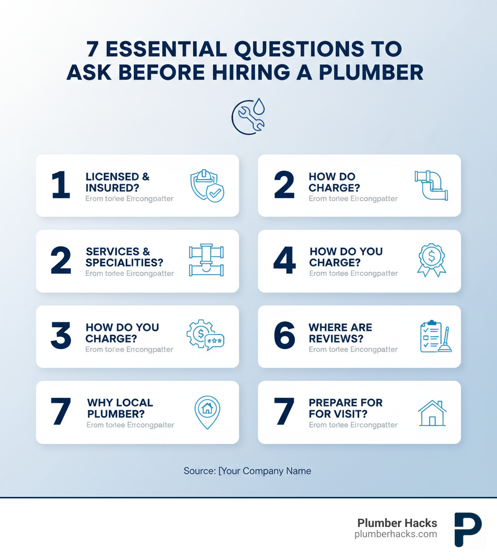 Infographic showing the 7 key questions to ask before hiring a plumber: 1. Are you licensed and insured? 2. What services do you specialize in? 3. How do you charge for your services? 4. Do you offer a warranty on your work? 5. Where can I find reviews of your work? 6. Why should I choose a local plumber? 7. What should I prepare before your visit? - find local plumber infographic 
