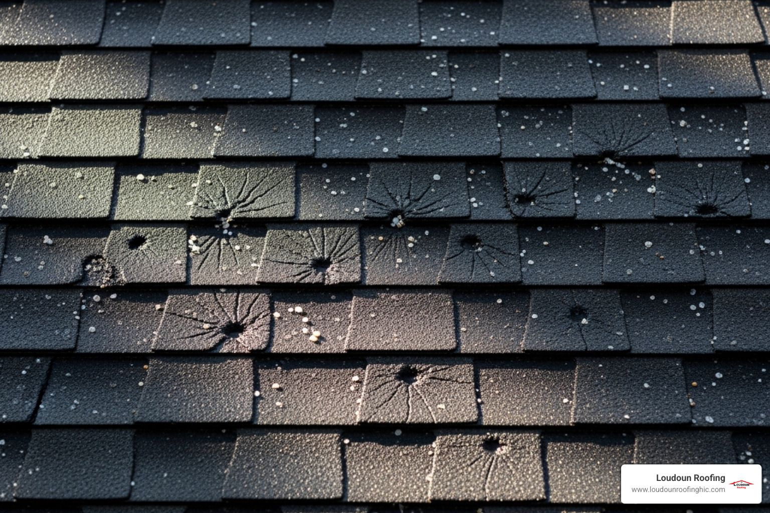 illustrating hail damage on an asphalt shingle - leesburg shingle roof replacement