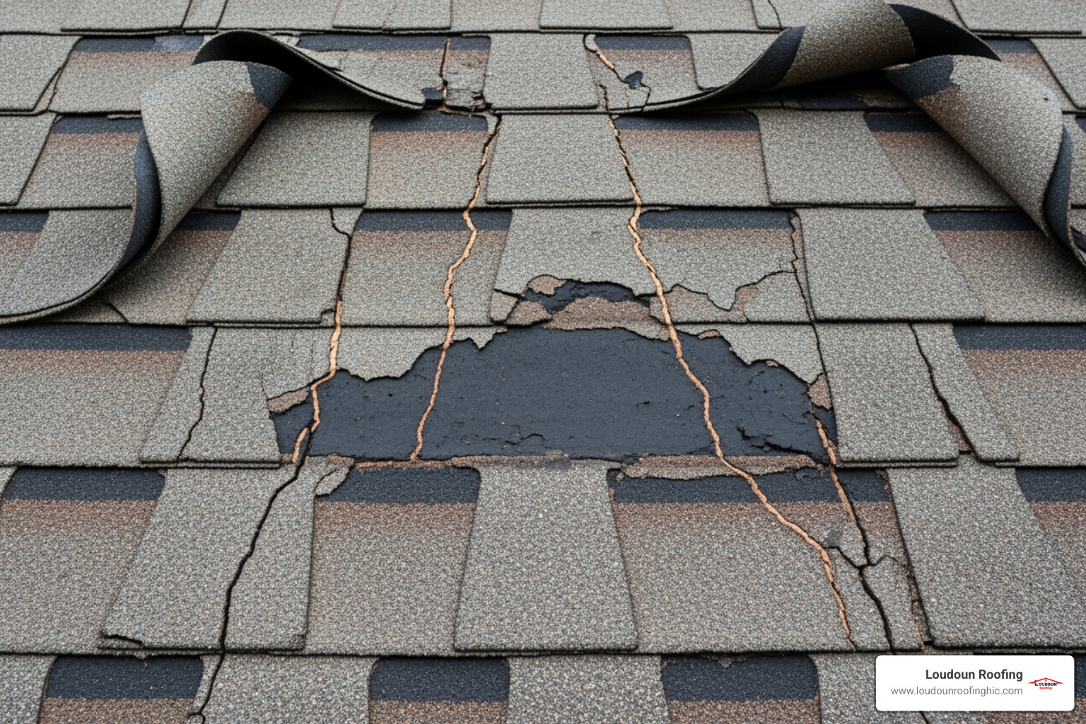 close-up of curling, cracked, and granule-bare shingles - leesburg shingle roof replacement