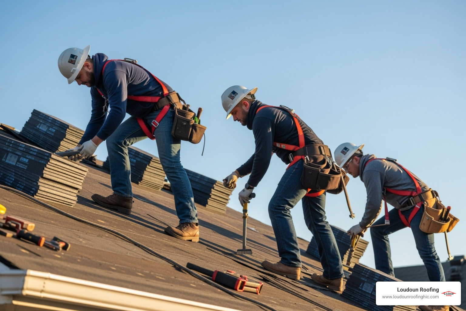 roofing crew safely working on a residential roof - leesburg shingle roof replacement