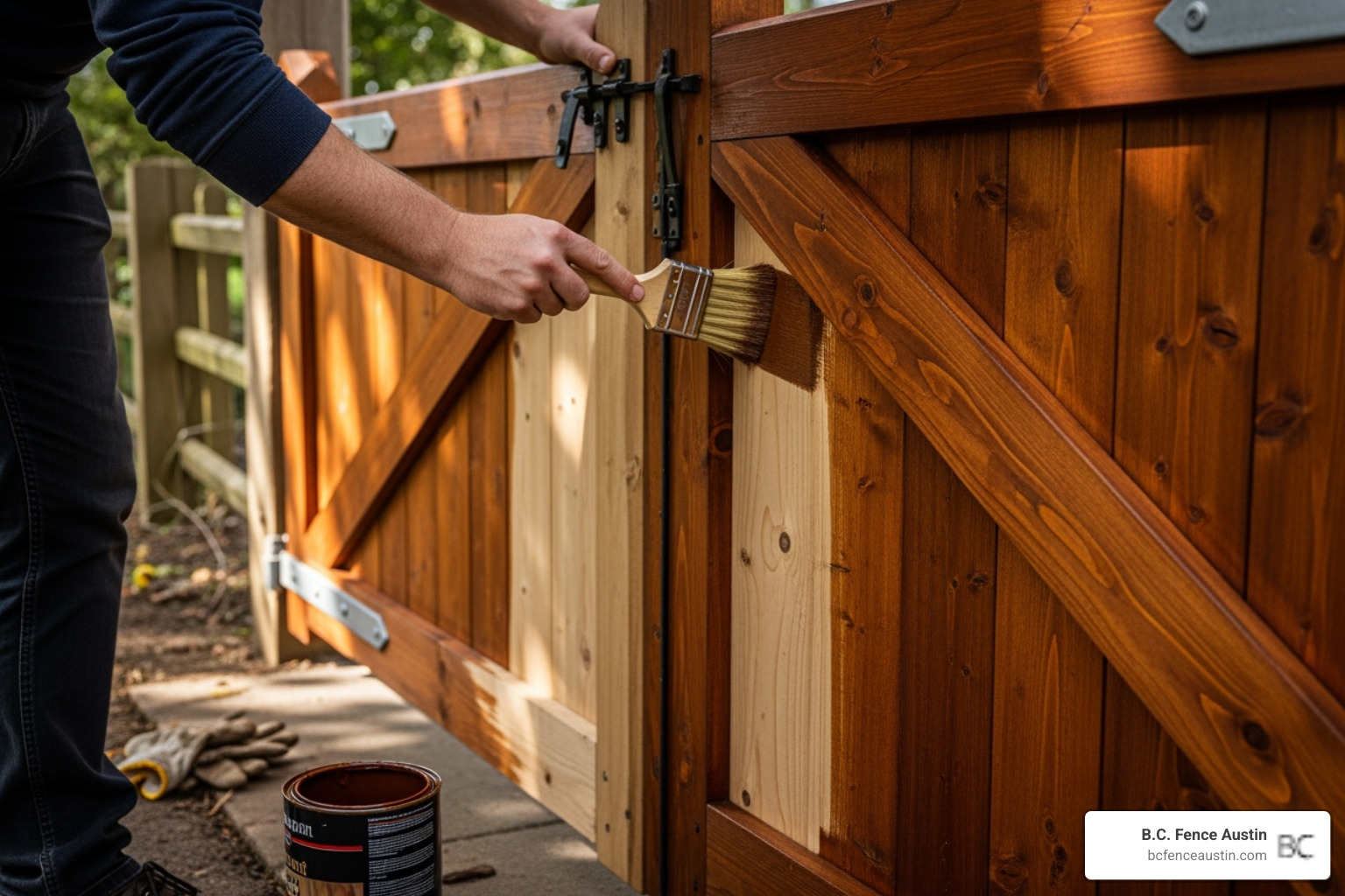 person applying stain to a wooden gate - diy wooden driveway gate plans