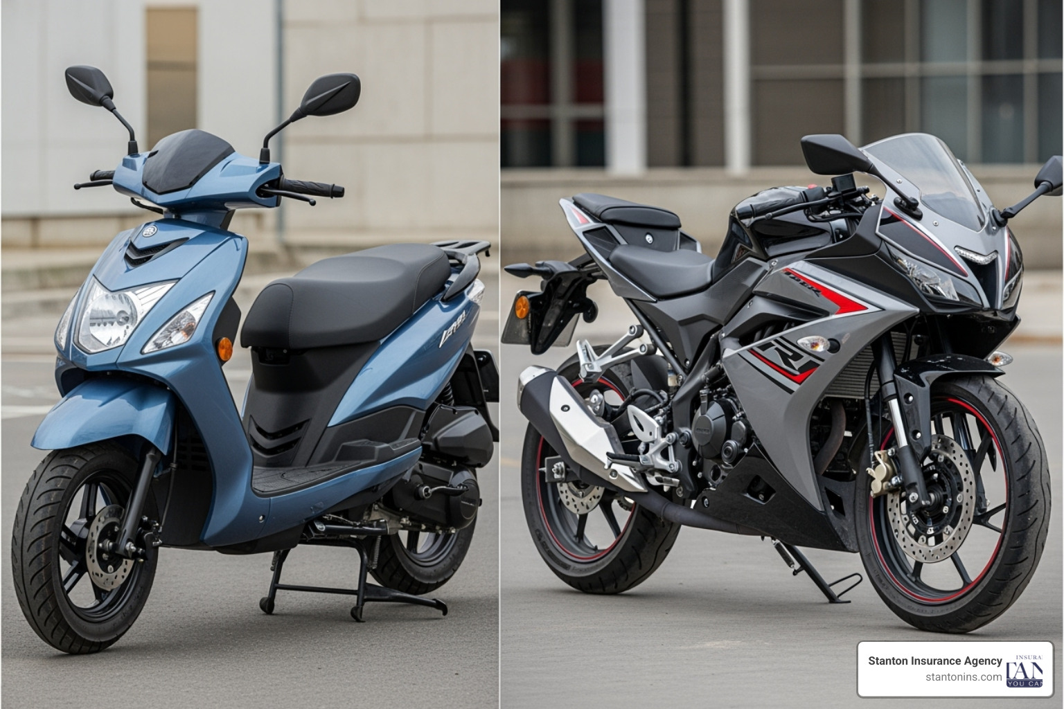 Side-by-side image of a 150cc scooter and a 150cc sport-style motorcycle, illustrating differences in style and perceived risk. - 150cc bike insurance price