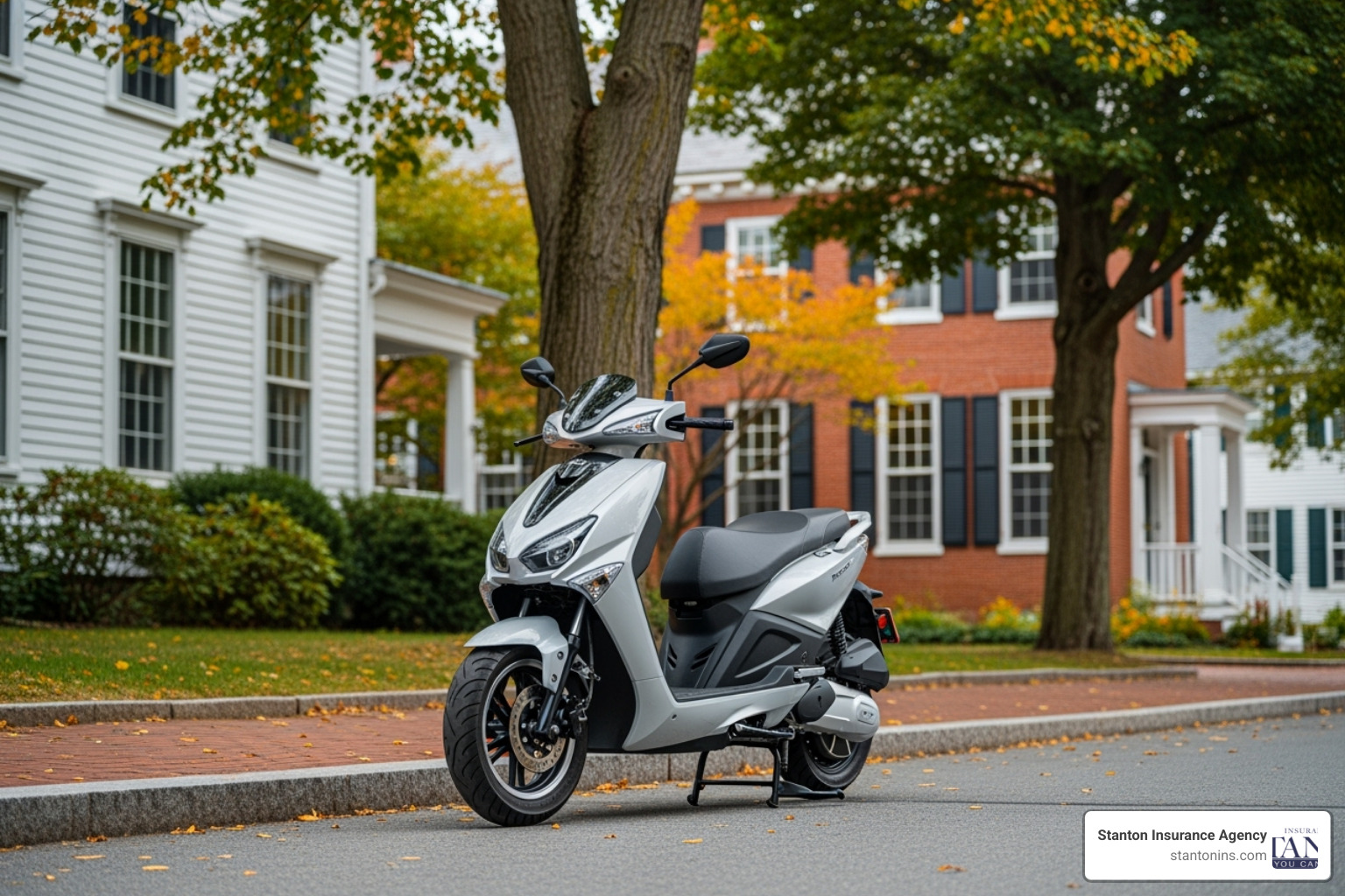 Modern 150cc electric scooter parked in a New England neighborhood. - 150cc bike insurance price