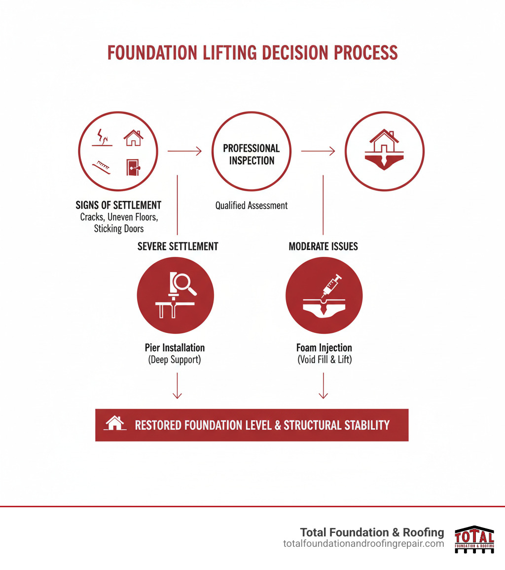 infographic showing the foundation lifting decision process: signs of settlement (cracks, uneven floors, sticking doors) leading to professional inspection, then choosing between pier installation for severe settlement or foam injection for moderate issues, resulting in restored foundation level and structural stability - foundation lifting infographic 