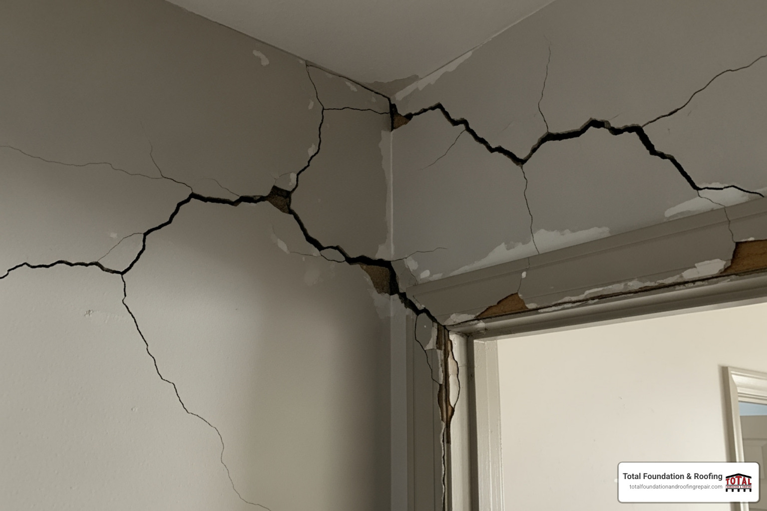 significant drywall cracks originating from a door frame - foundation lifting