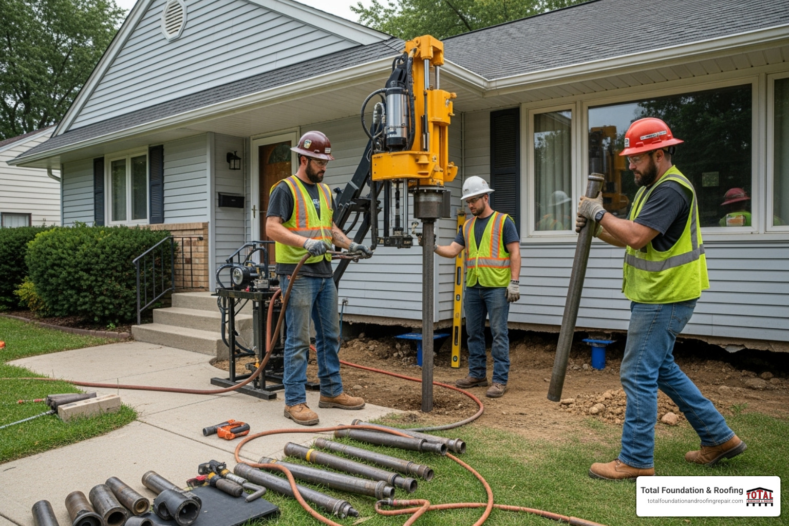 foundation repair crew installing piers - foundation lifting