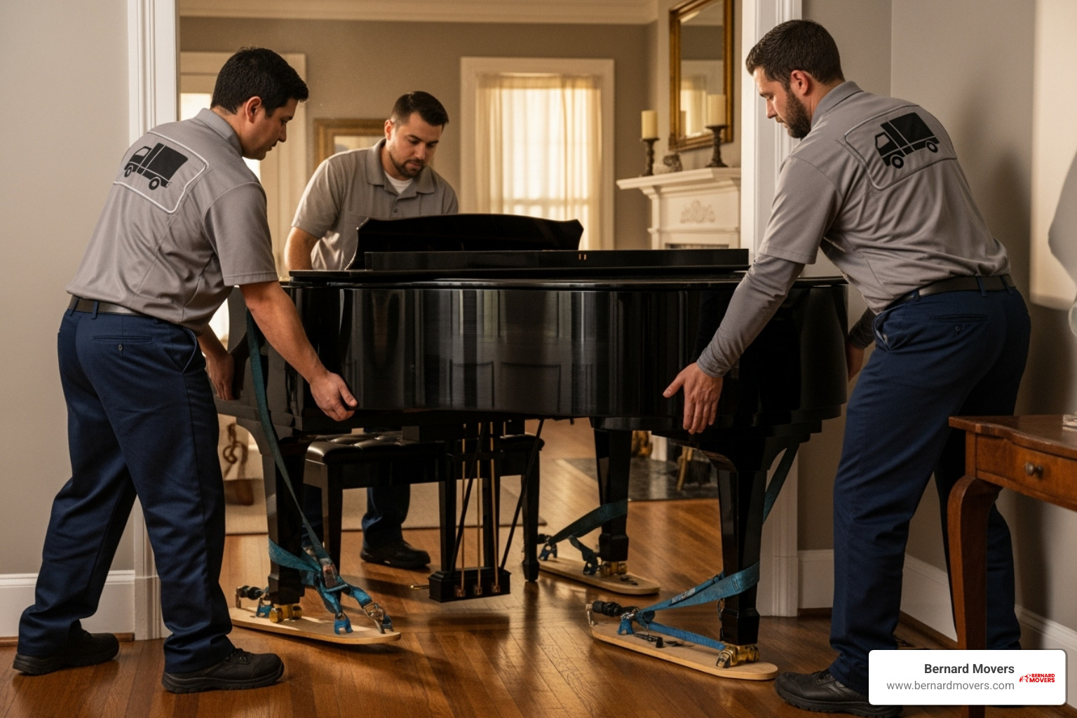 A piano being carefully moved by a team. - full service moving A piano being carefully moved by a team. - full service moving