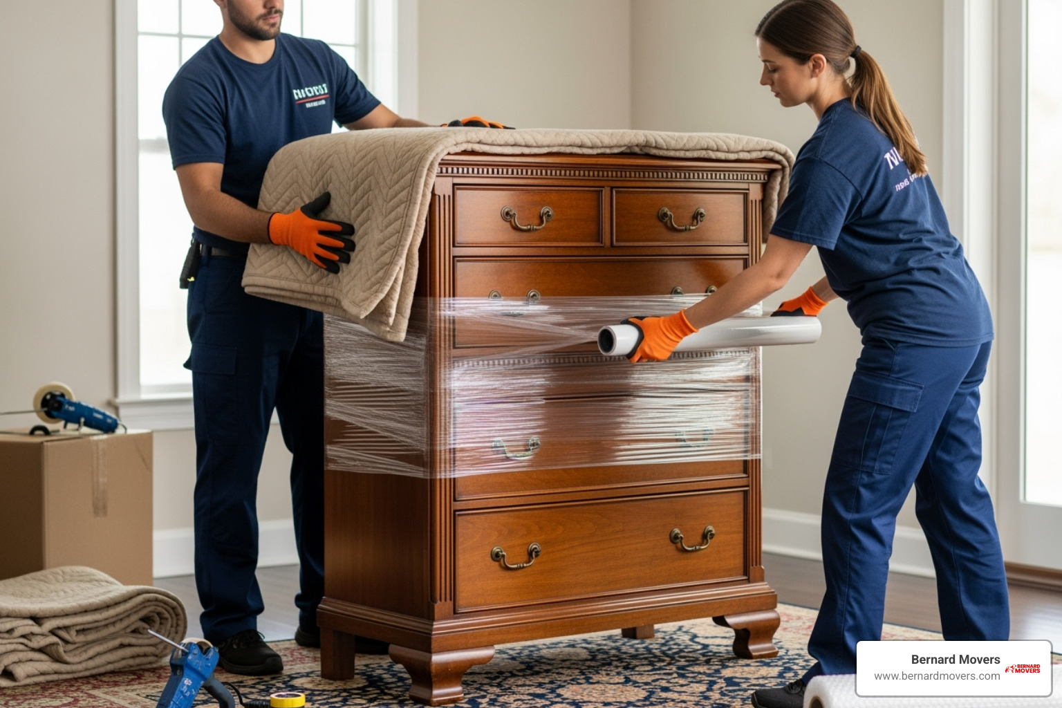 Professional movers carefully wrapping a large piece of furniture. - full service moving Professional movers carefully wrapping a large piece of furniture. - full service moving