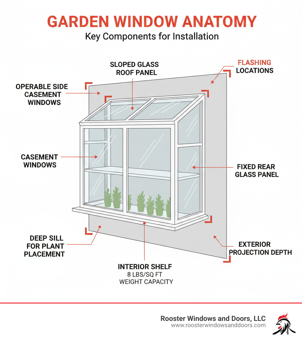 Infographic showing garden window anatomy with labeled parts: sloped glass roof panel at top, two operable side casement windows, fixed rear glass panel, interior shelf with 8 lbs per square foot weight capacity, deep sill for plant placement, exterior projection depth, and flashing locations at corners and top - how to install a garden window infographic 
