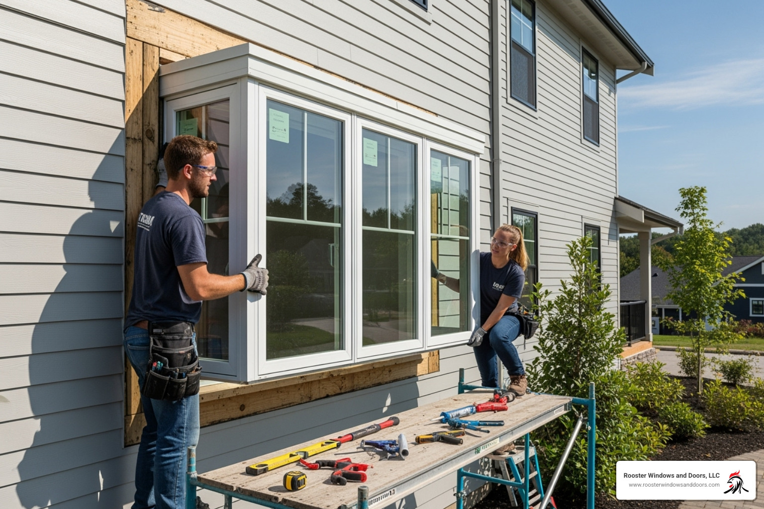Two individuals carefully and slowly lifting a garden window unit into a prepared window opening on a home's exterior wall - how to install a garden window