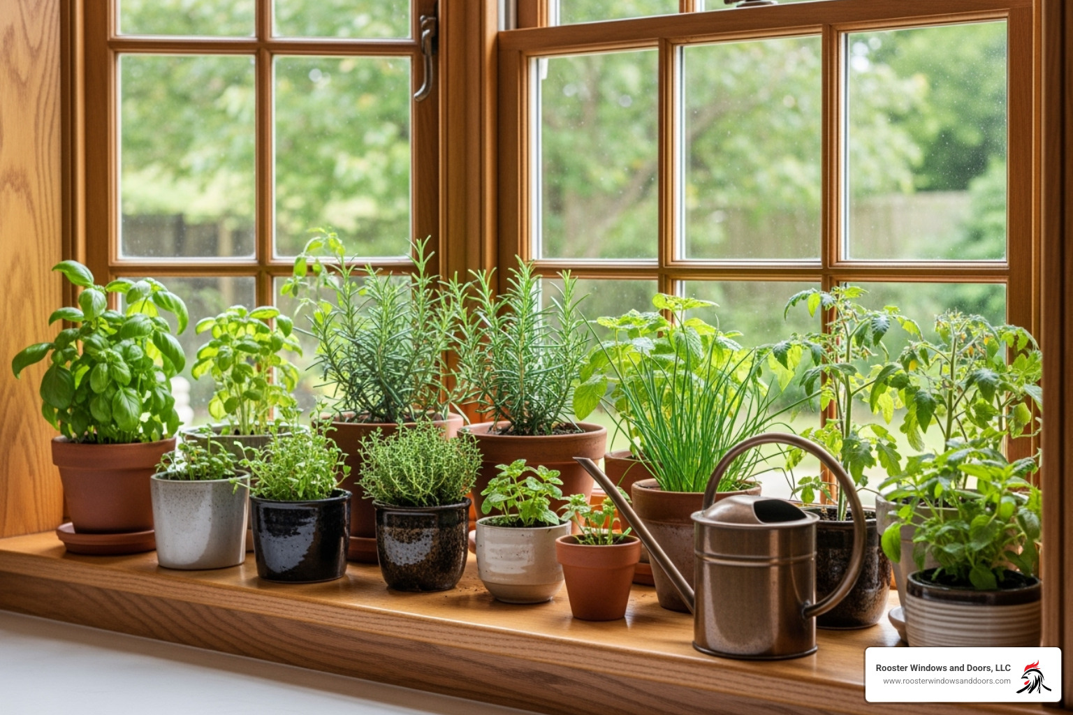 A finished kitchen garden window filled with small potted plants, herbs, and a decorative watering can, showcasing its aesthetic and functional appeal - how to install a garden window