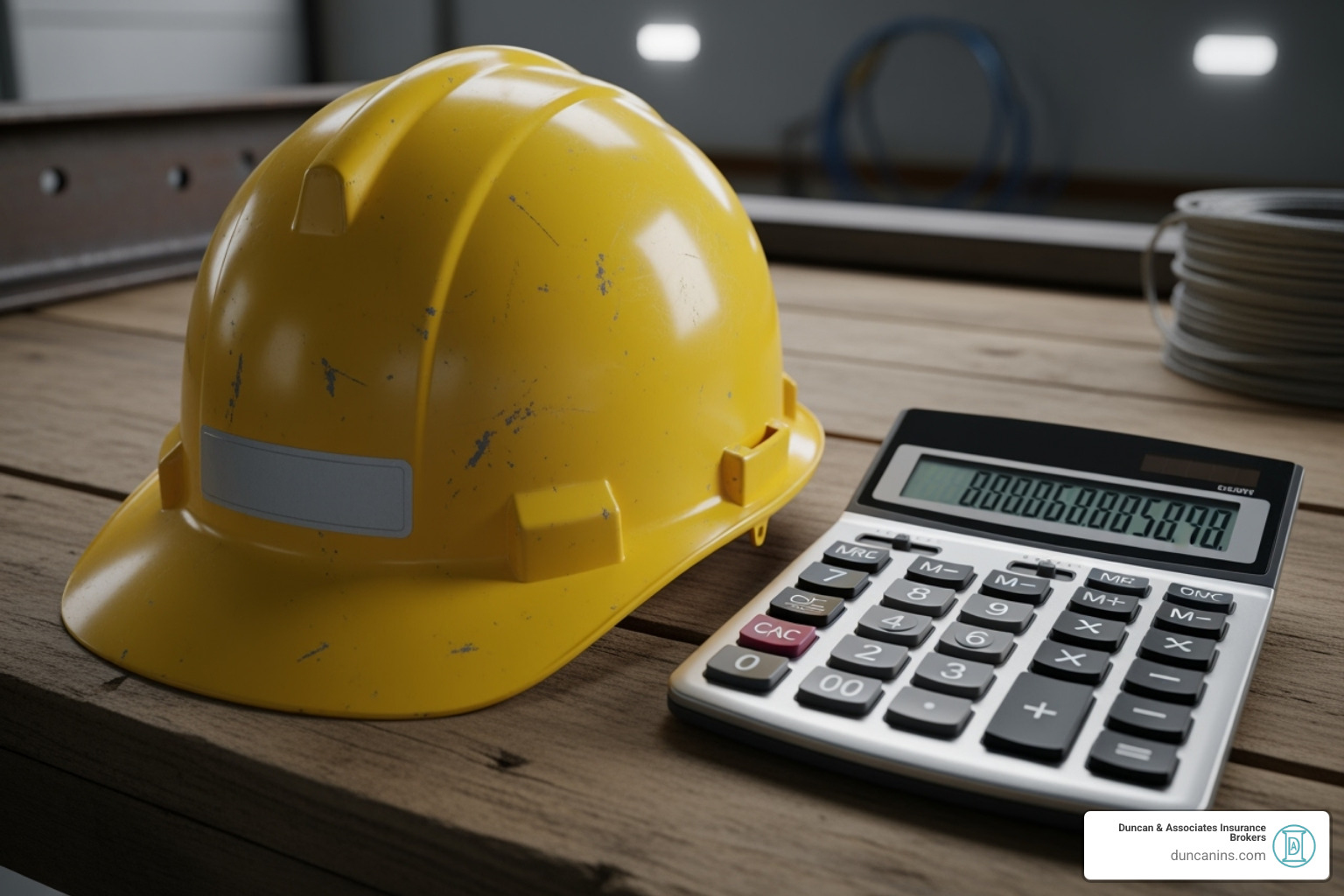 calculator and a hard hat to represent cost and industry risk - independent contractor workers compensation insurance