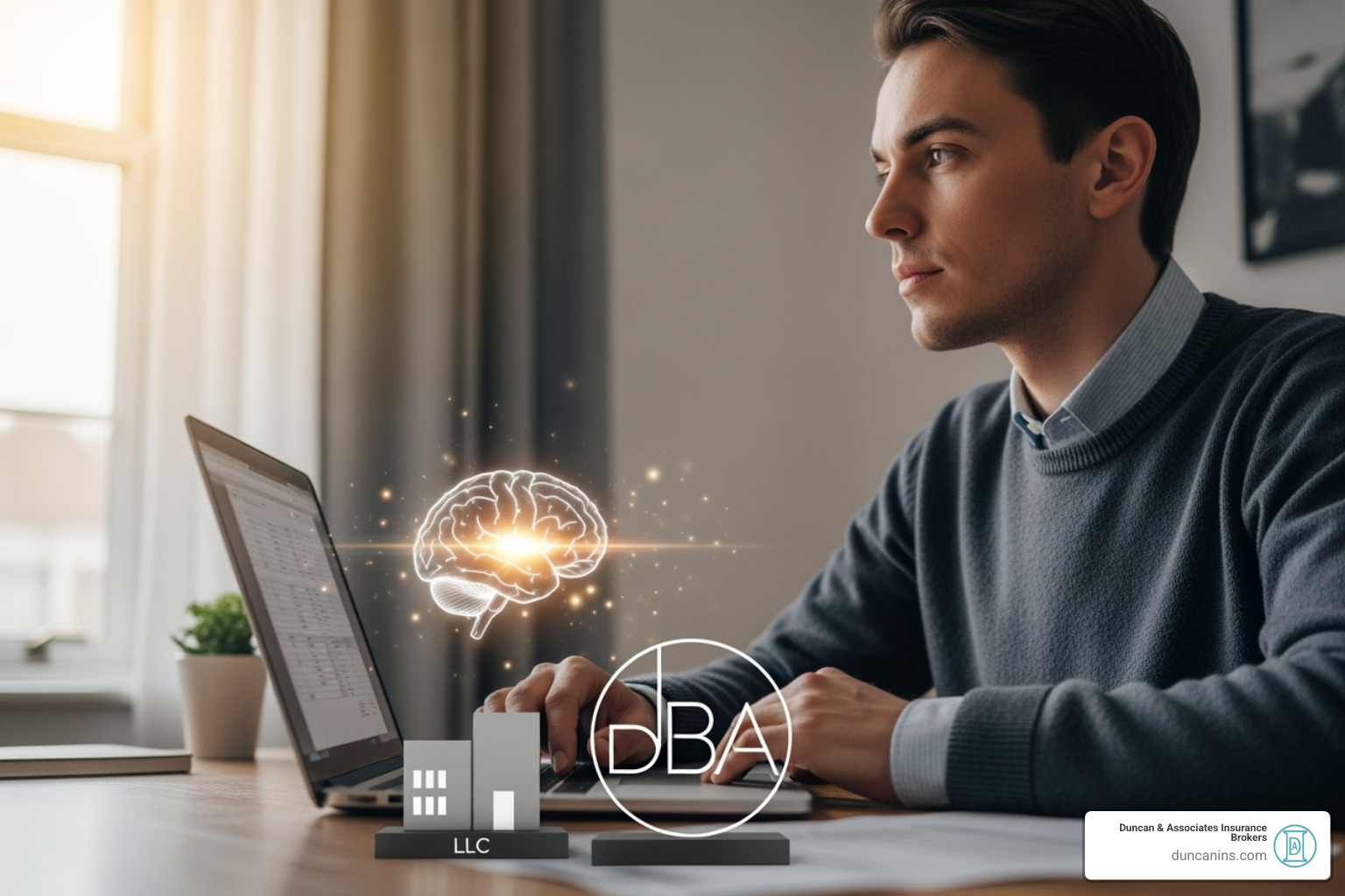 person at a laptop looking thoughtful, with icons for LLC, DBA, and a brain for mental health - independent contractor workers compensation insurance
