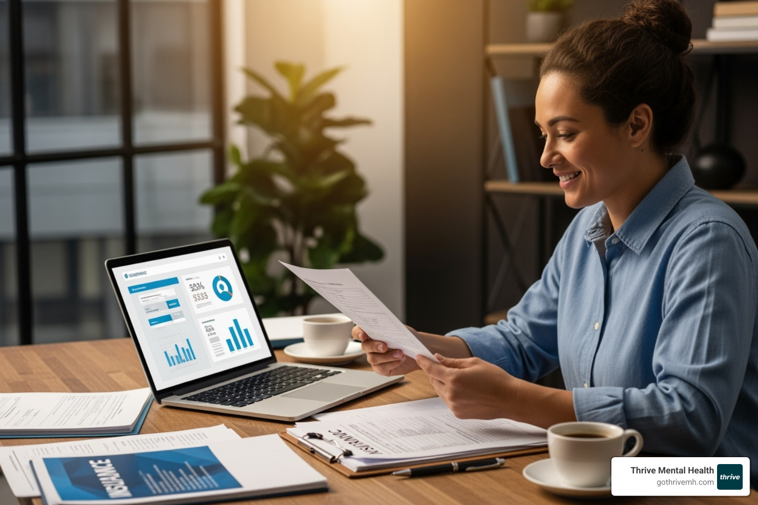 a person confidently reviewing insurance paperwork on a laptop, with a warm, natural light setting - treatment centers for co-occurring autism and depression in adults