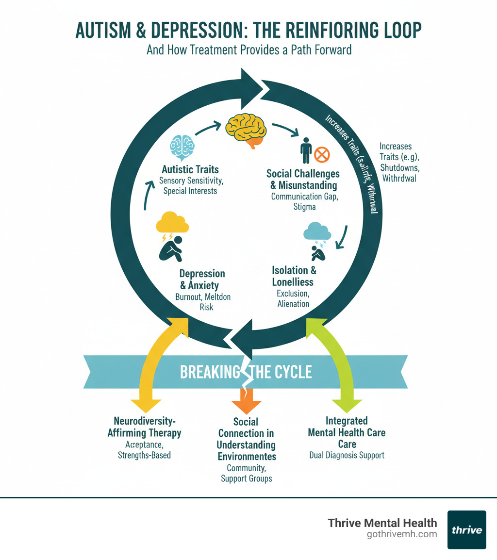 infographic explaining the cycle: Autistic traits lead to social challenges and misunderstanding, which causes isolation and loneliness, leading to depression and anxiety, which increases autistic traits like shutdowns and withdrawal, creating a reinforcing loop. The infographic also shows treatment breaking this cycle through neurodiversity-affirming therapy, social connection in understanding environments, and integrated mental health care - treatment centers for co-occurring autism and depression in adults infographic 