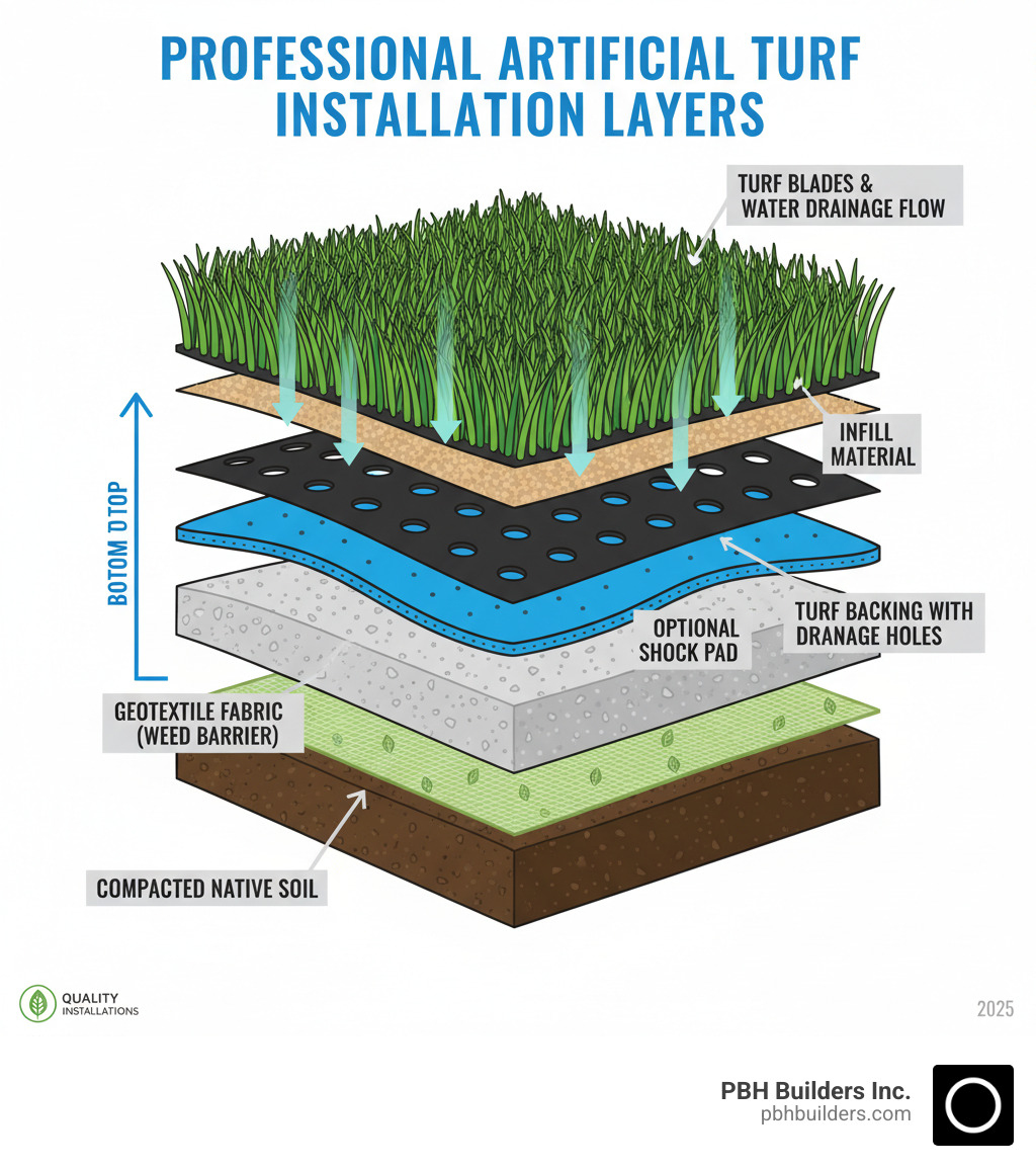 Infographic showing the essential layers of professional artificial turf installation from bottom to top: compacted native soil, geotextile fabric for weed barrier, 3-inch crushed miscellaneous base layer, optional shock pad, turf backing with drainage holes, infill material between fibers, and turf blades on top with arrows indicating proper water drainage flow - astro turf contractors infographic 